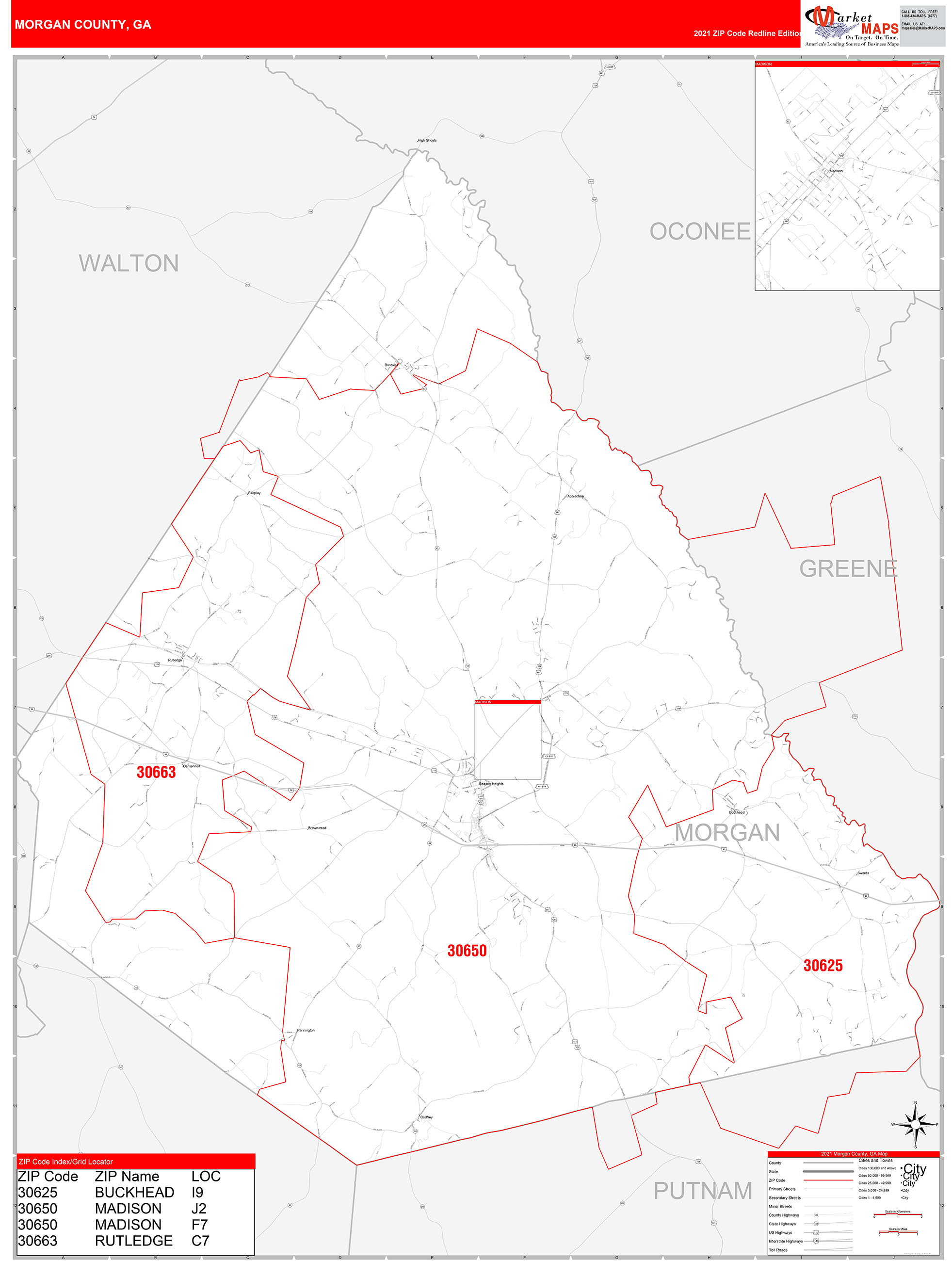 County, GA Zip Code Wall Map Red Line Style by MarketMAPS MapSales
