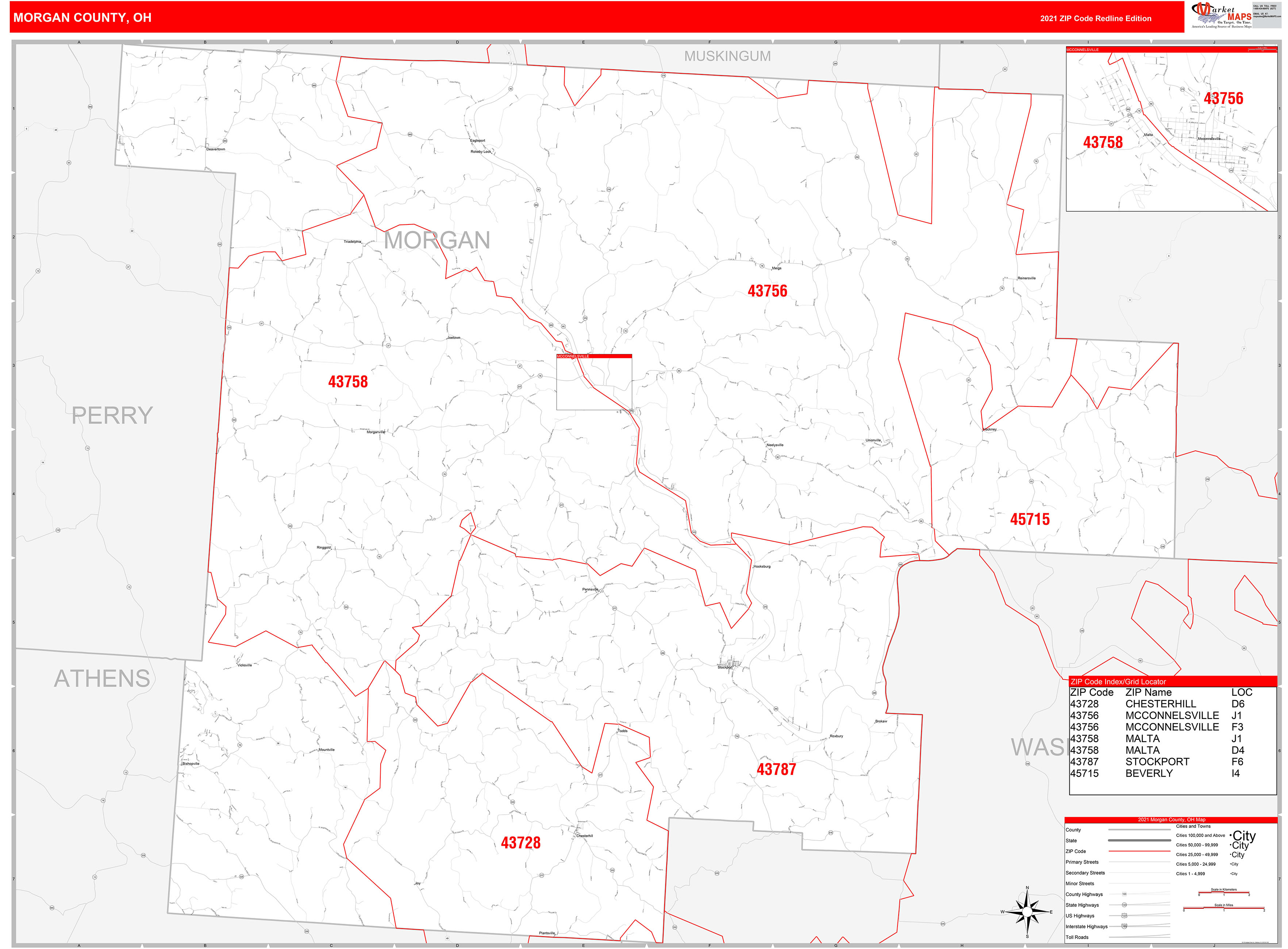 County, OH Zip Code Wall Map Red Line Style by MarketMAPS