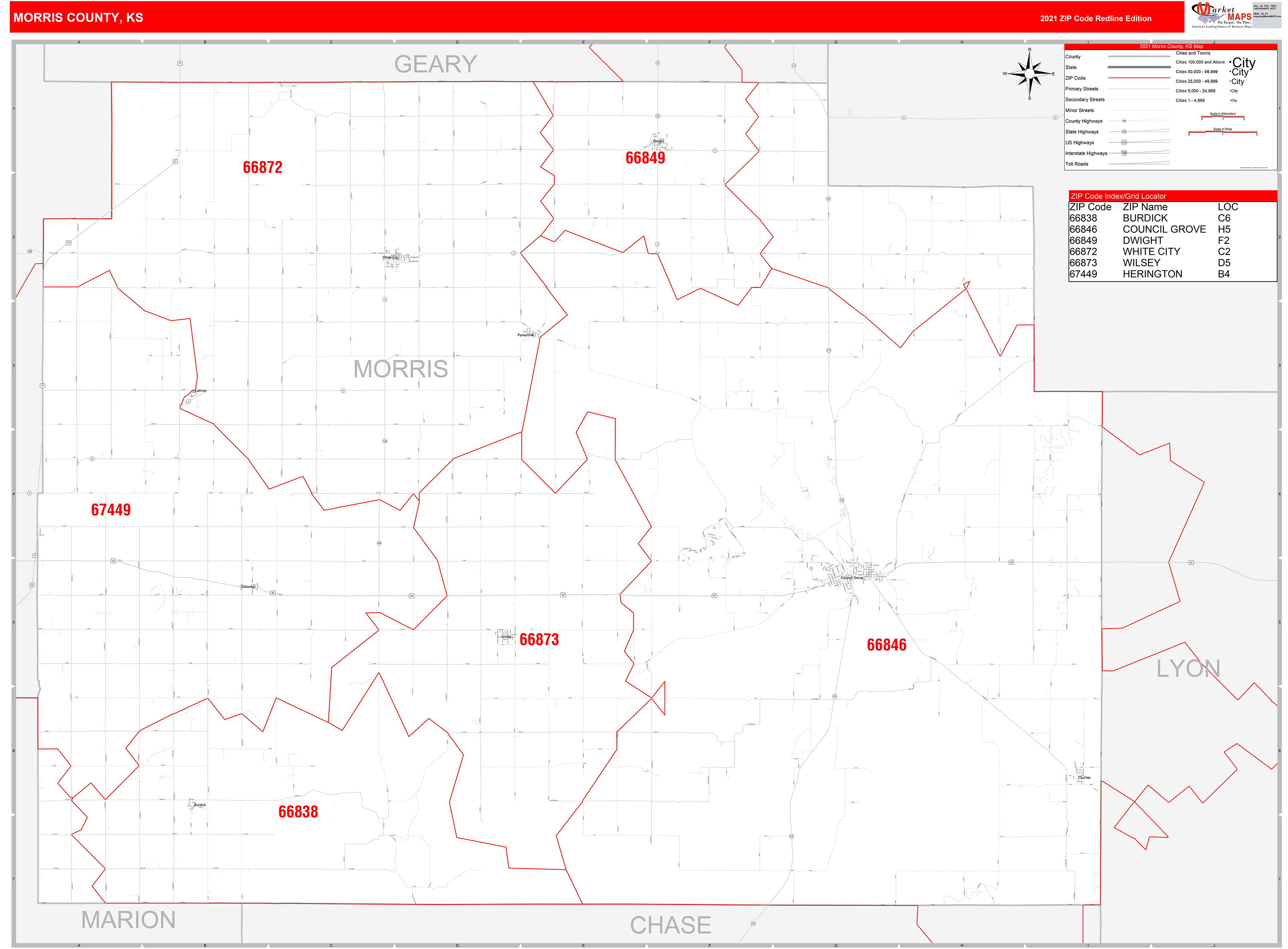 Morris County, KS Zip Code Wall Map Red Line Style by MarketMAPS