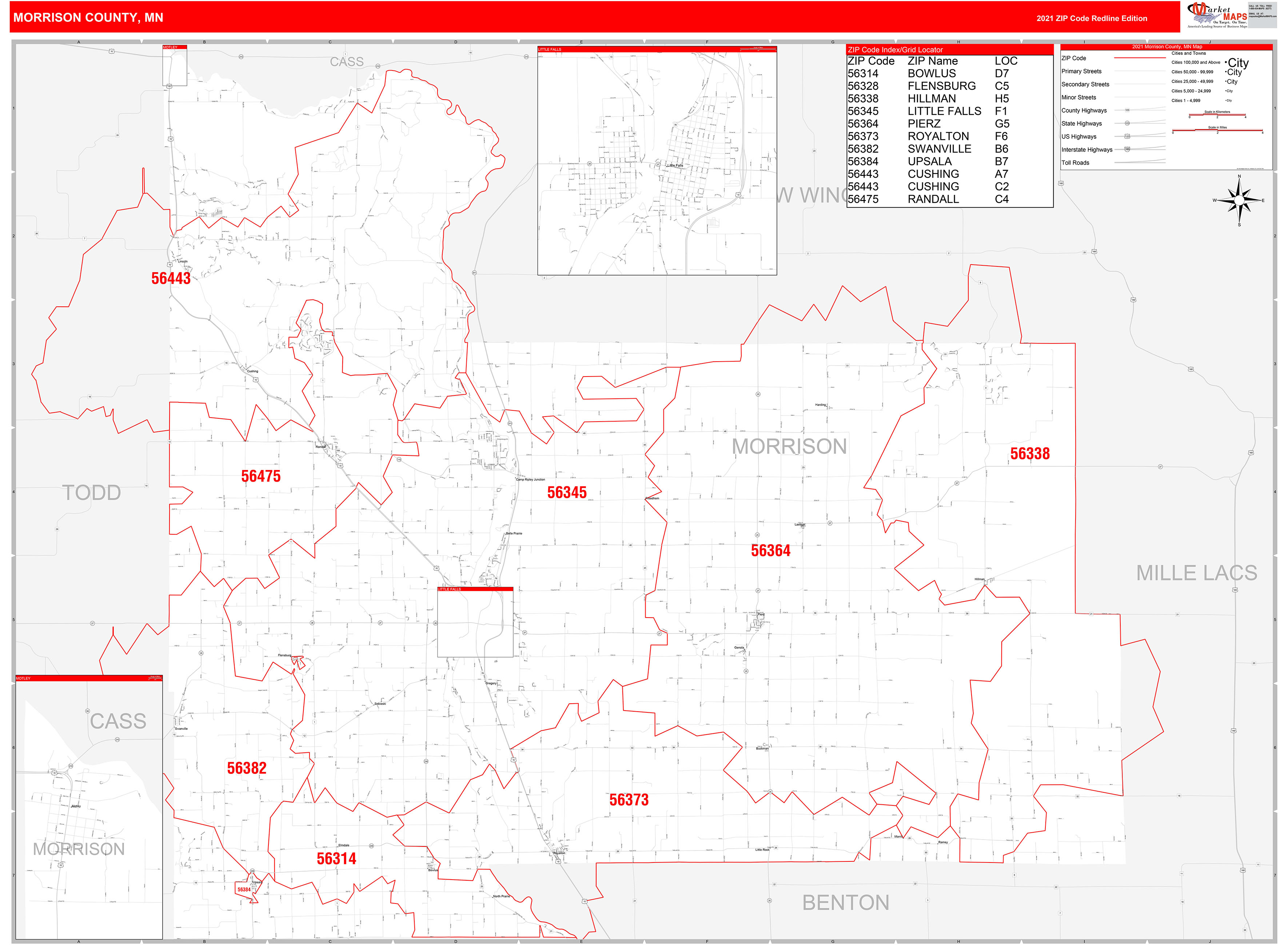 Morrison County, MN Zip Code Wall Map Red Line Style by MarketMAPS