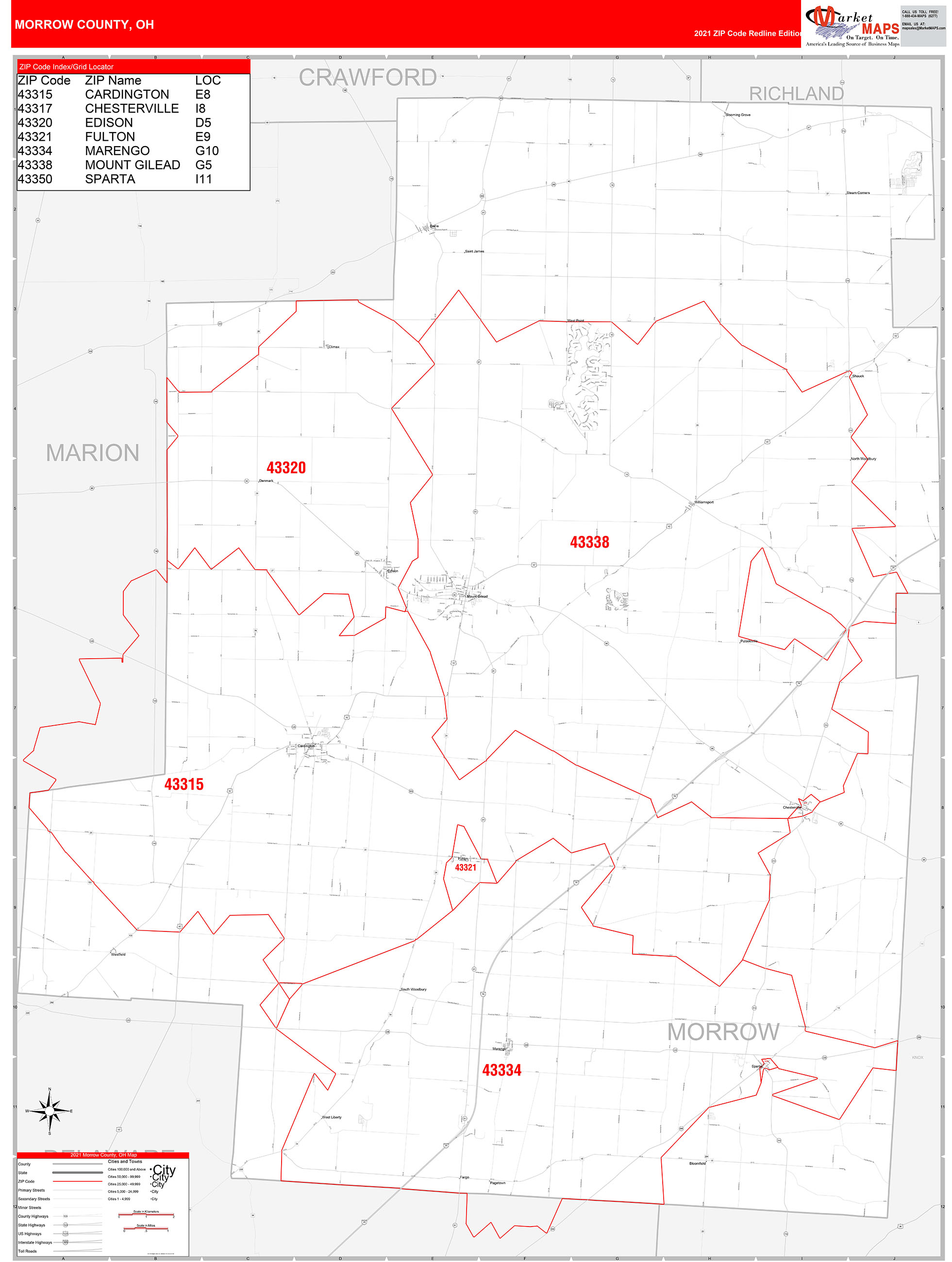Morrow County, OH Zip Code Wall Map Red Line Style by MarketMAPS MapSales