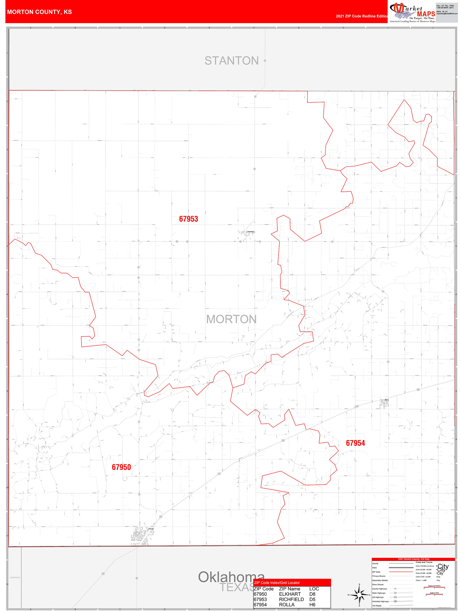 Morton County, KS Zip Code Wall Map Red Line Style by MarketMAPS