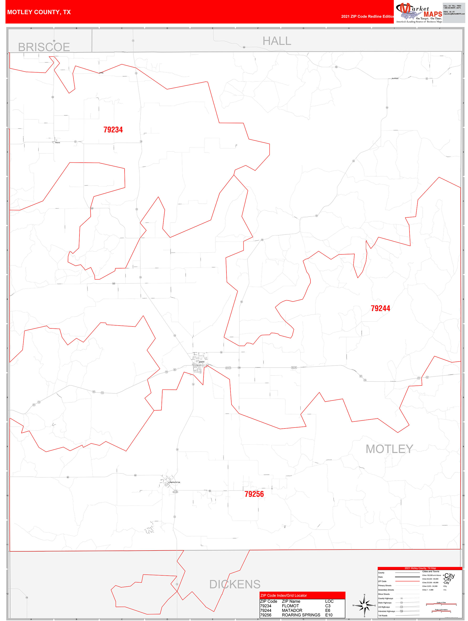 Motley County, TX Zip Code Wall Map Red Line Style by MarketMAPS MapSales