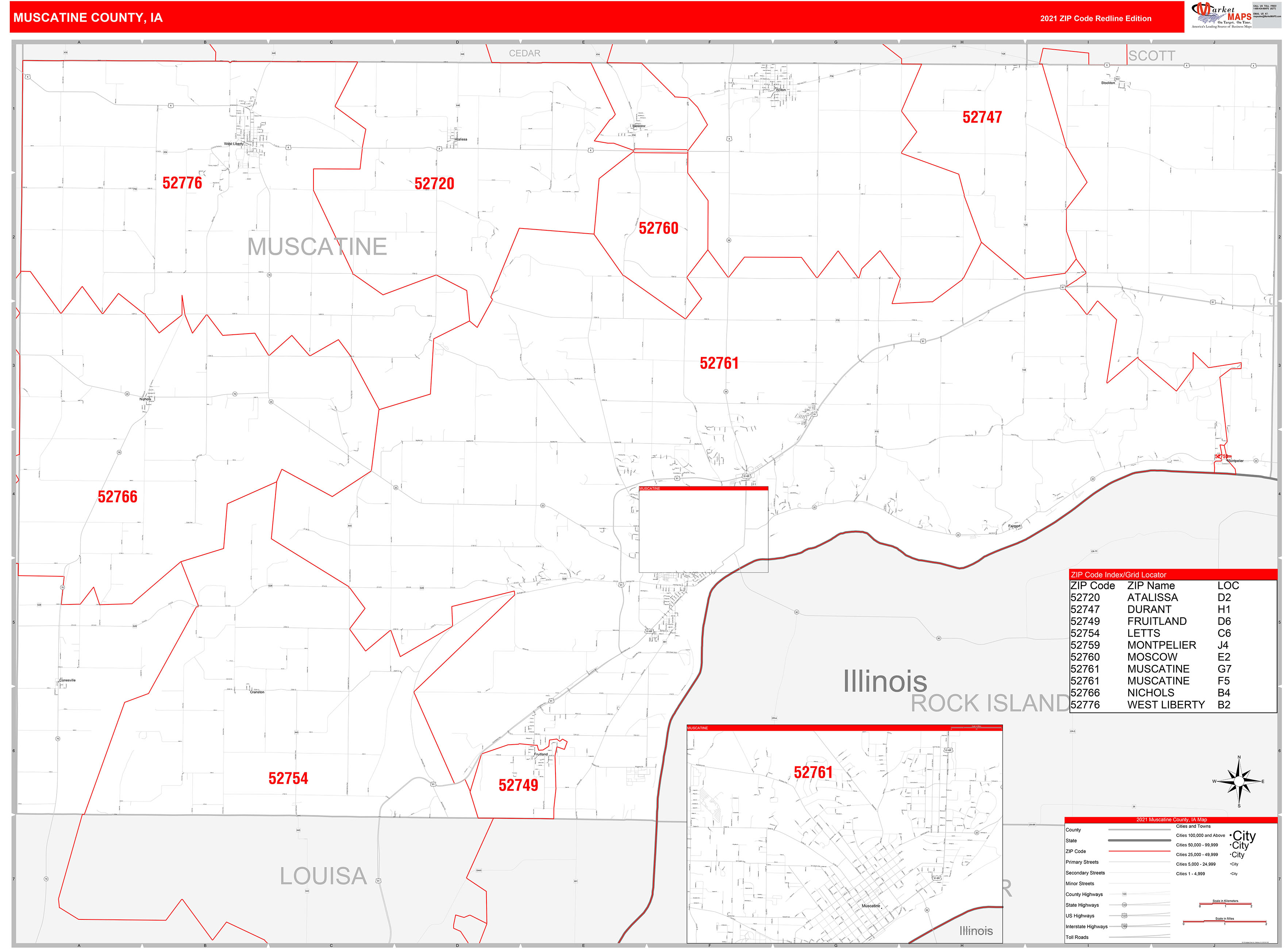 Muscatine County, IA Zip Code Wall Map Red Line Style by MarketMAPS