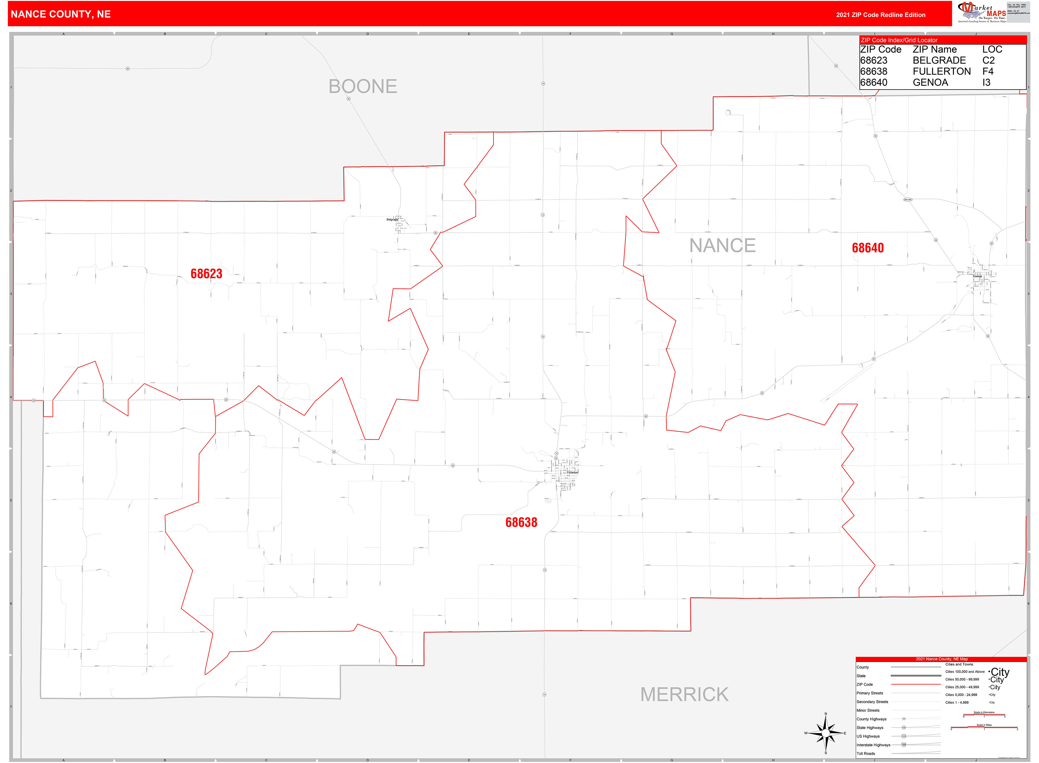 Nance County, NE Zip Code Wall Map Red Line Style by MarketMAPS