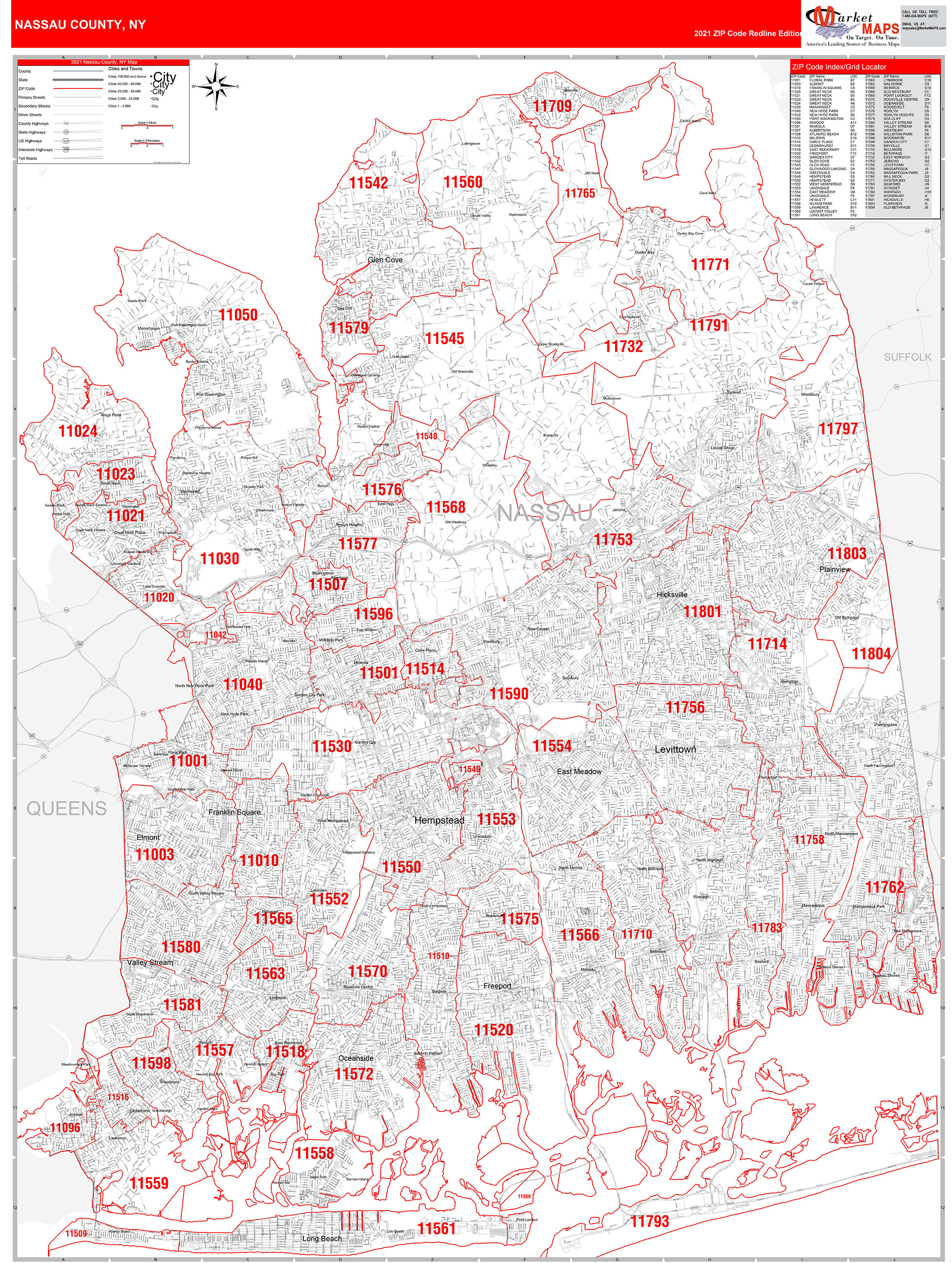 Nassau County, NY Zip Code Wall Map Red Line Style by MarketMAPS