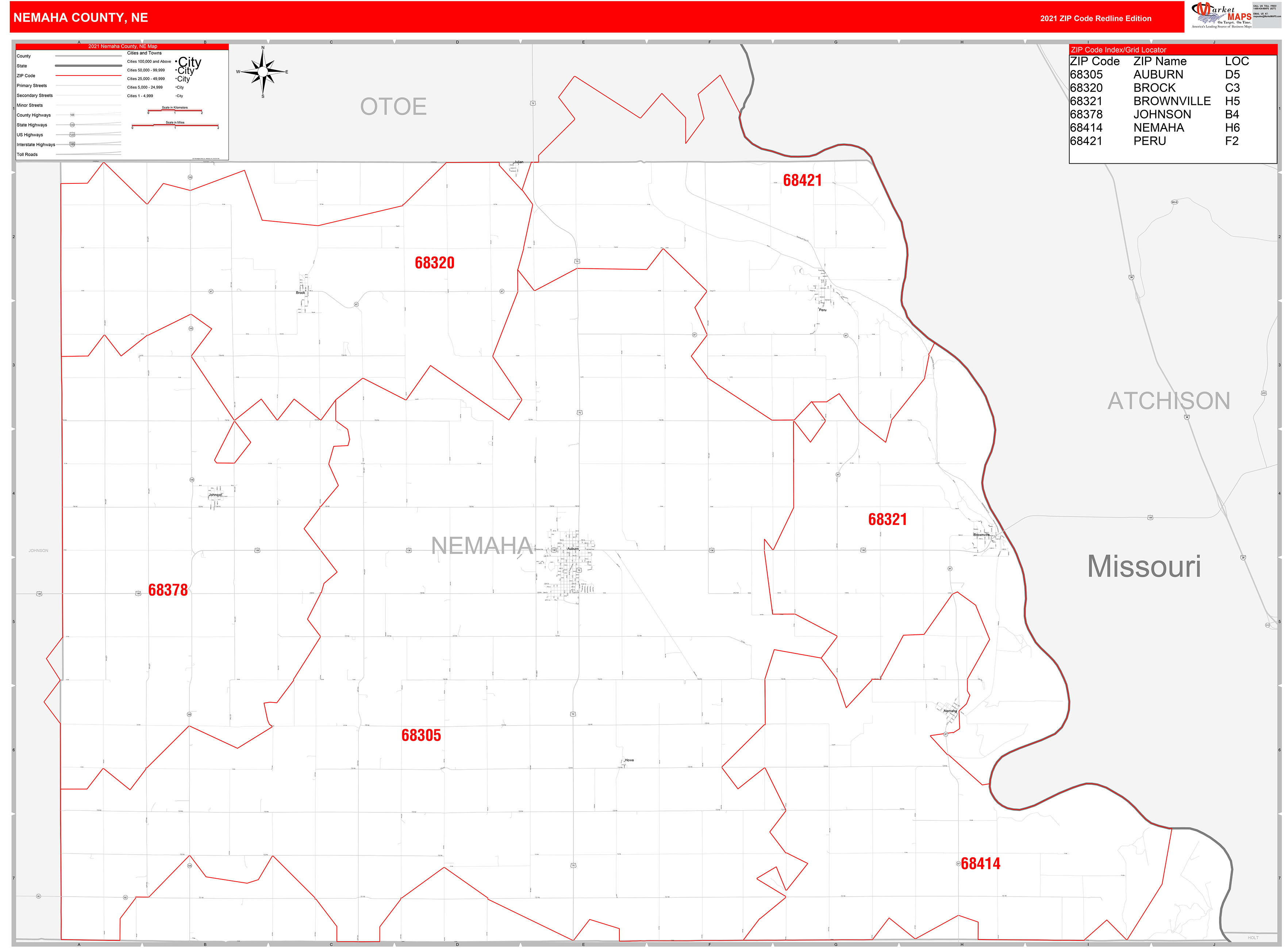 Nemaha County, NE Zip Code Wall Map Red Line Style by MarketMAPS MapSales