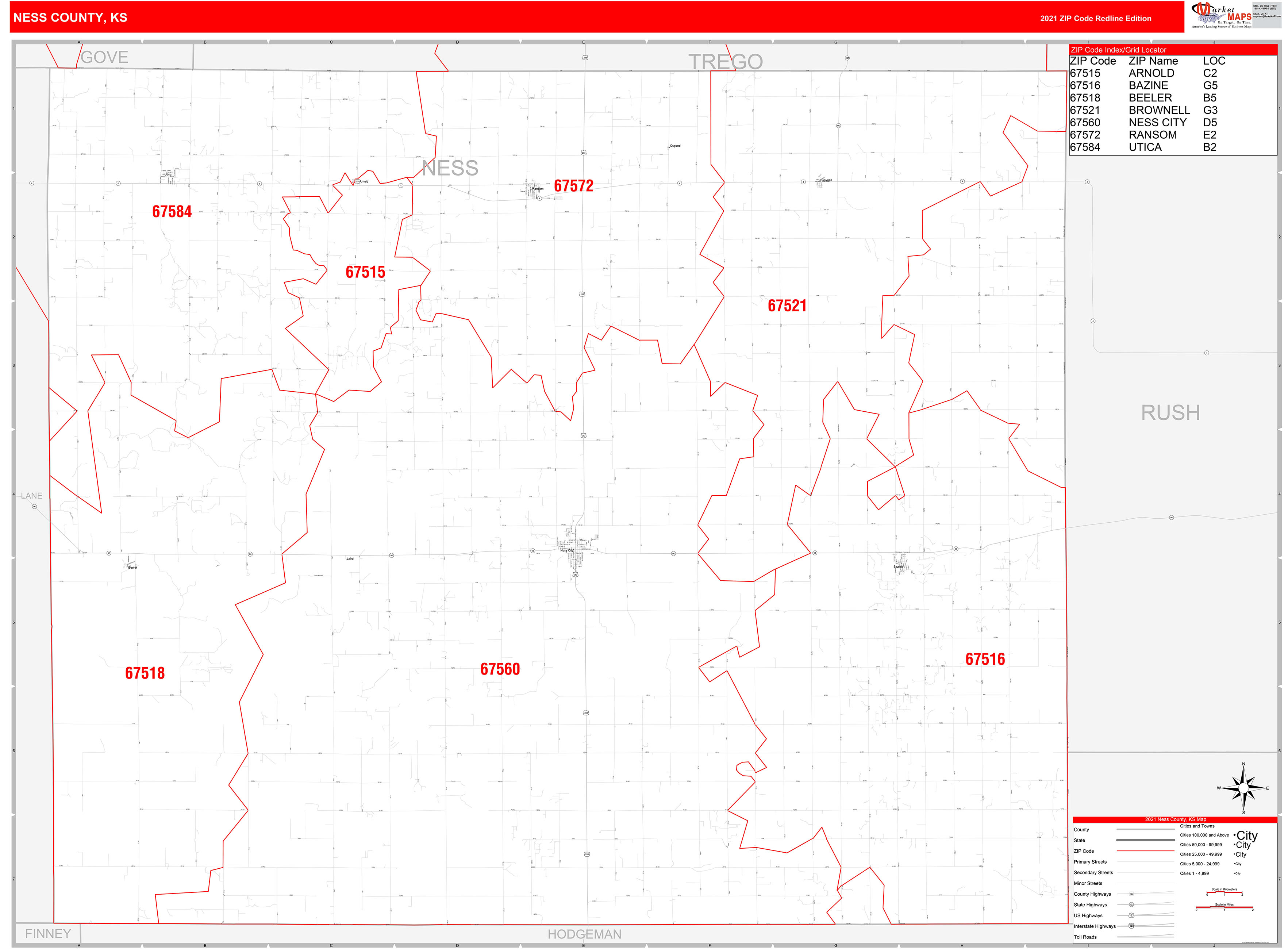 Ness County, KS Zip Code Wall Map Red Line Style by MarketMAPS