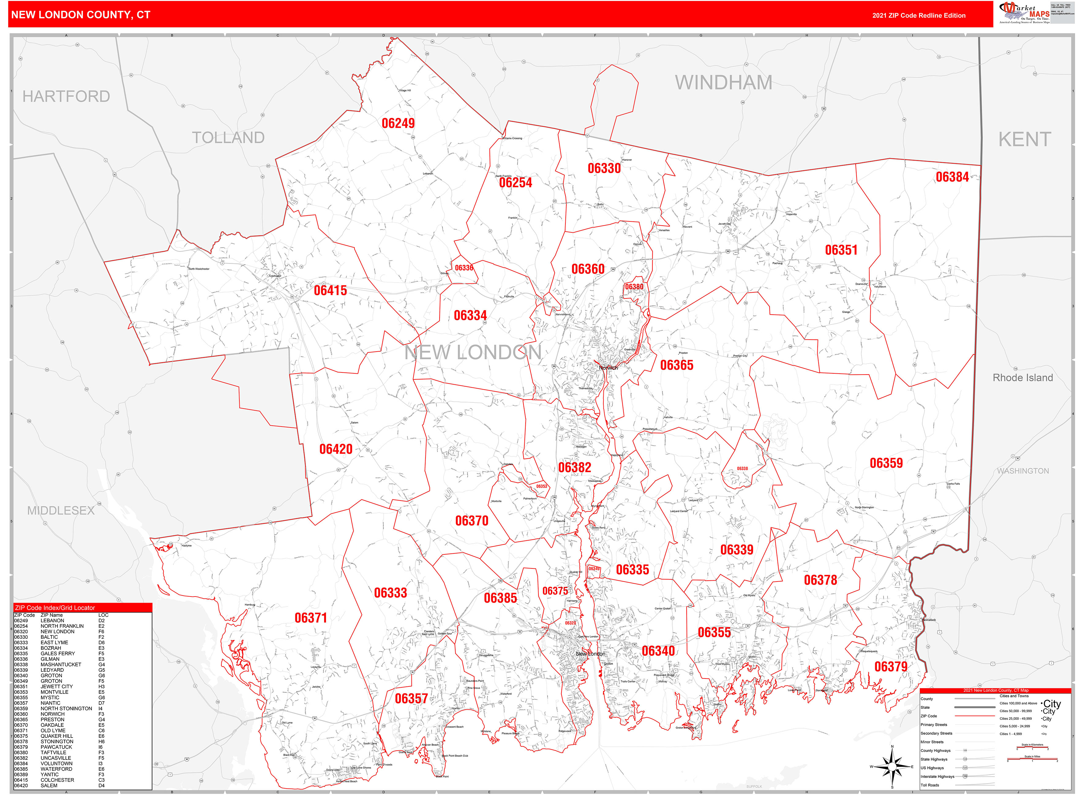 New London County, CT Zip Code Wall Map Red Line Style by MarketMAPS