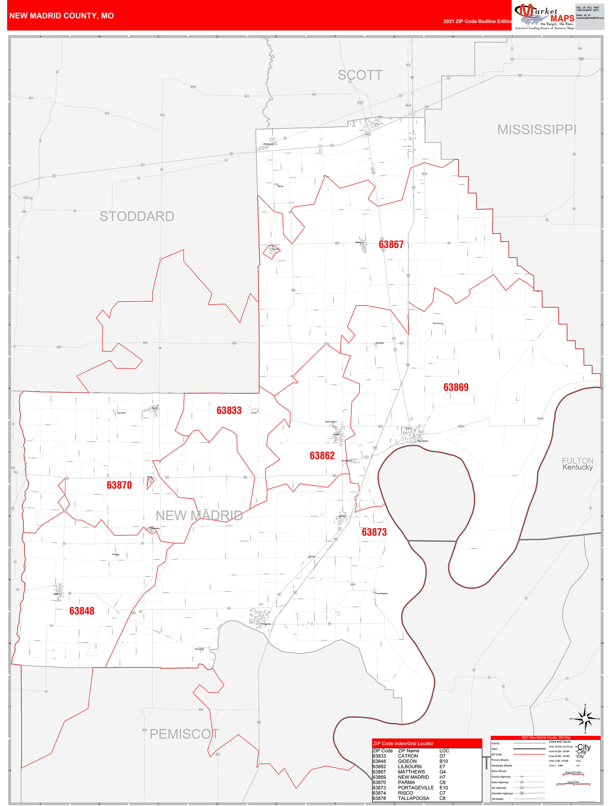New Madrid County, MO Zip Code Wall Map Red Line Style by MarketMAPS