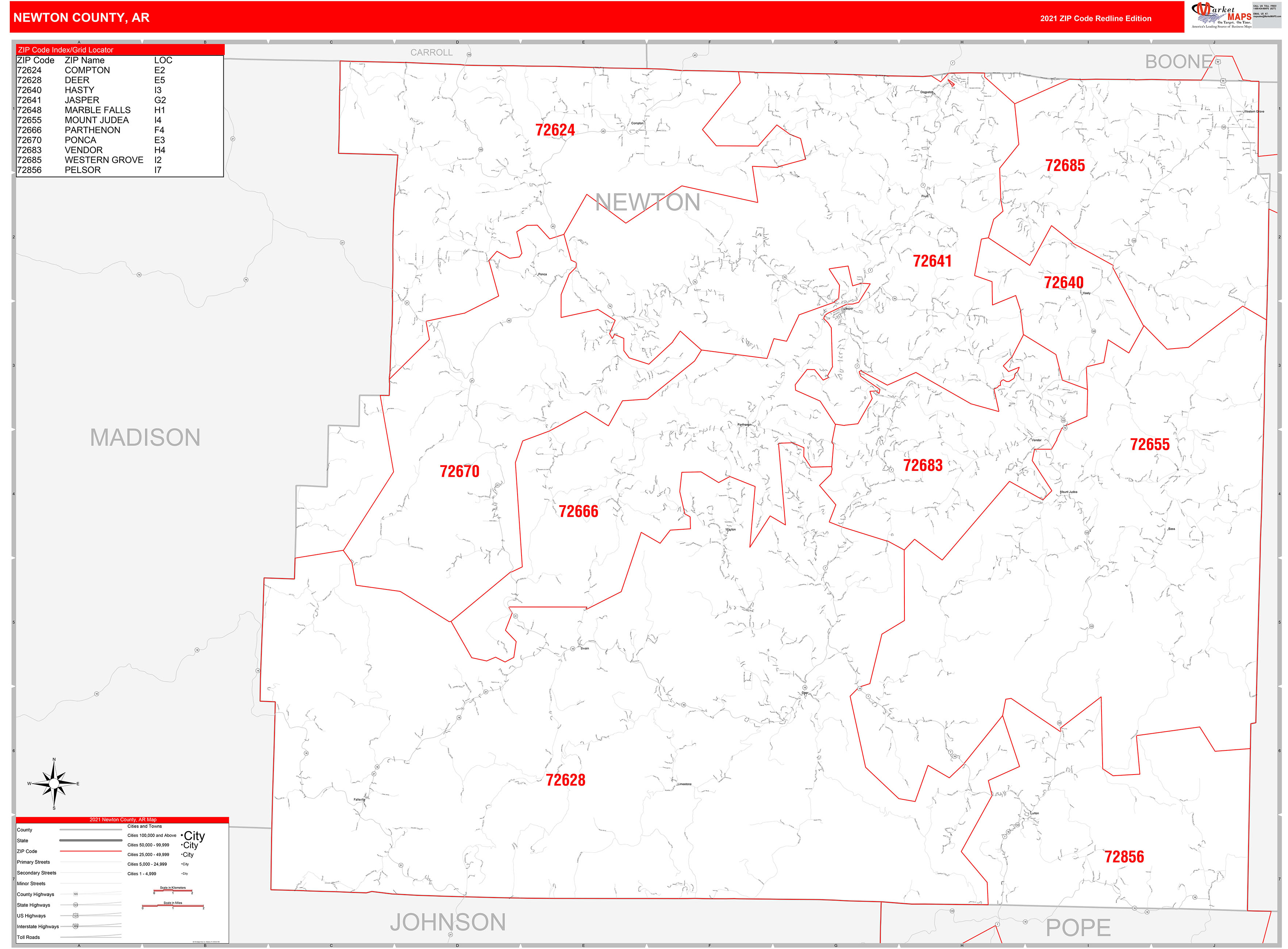 Newton County, AR Zip Code Wall Map Red Line Style by MarketMAPS