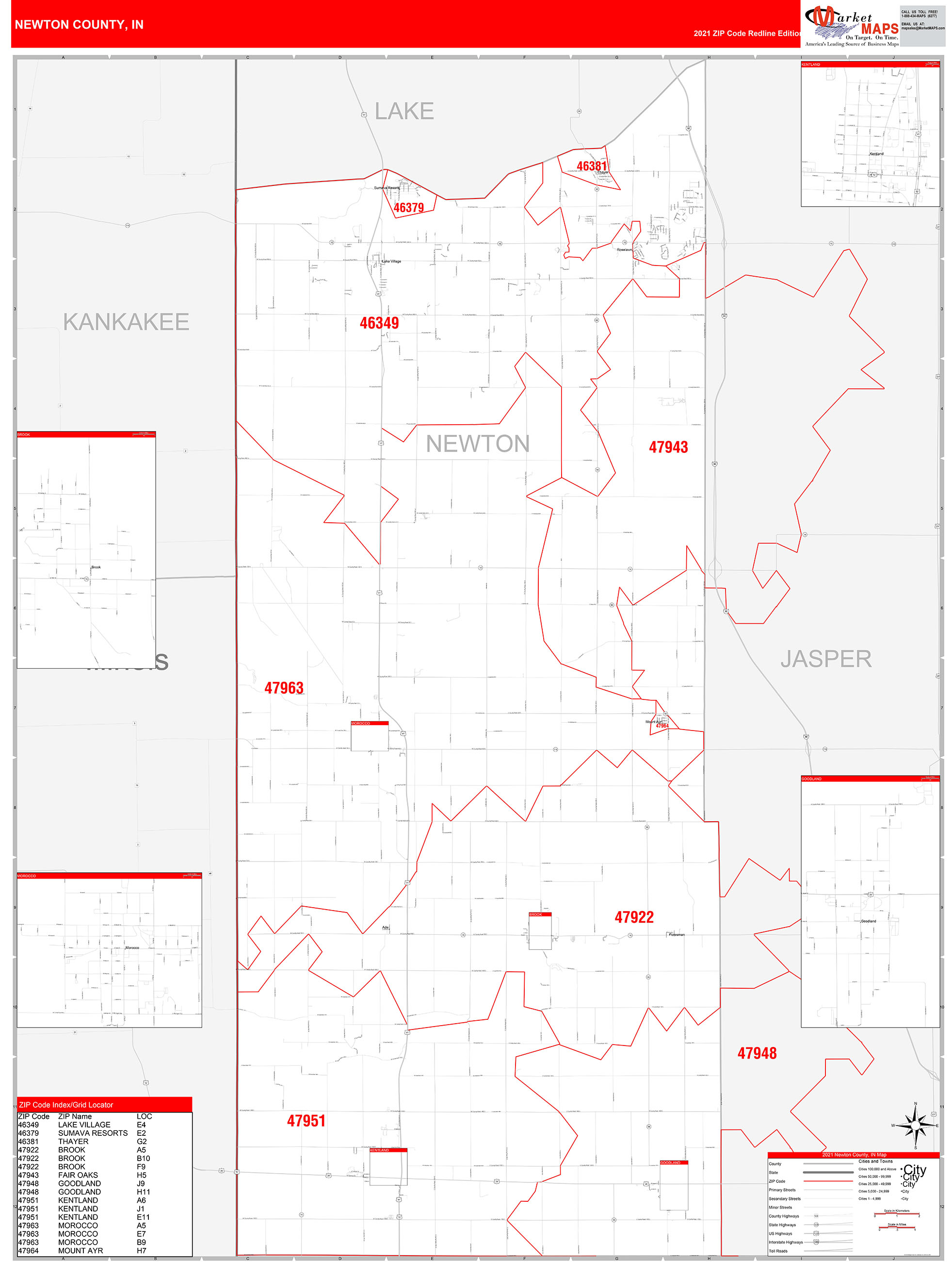 Newton County, IN Zip Code Wall Map Red Line Style by MarketMAPS