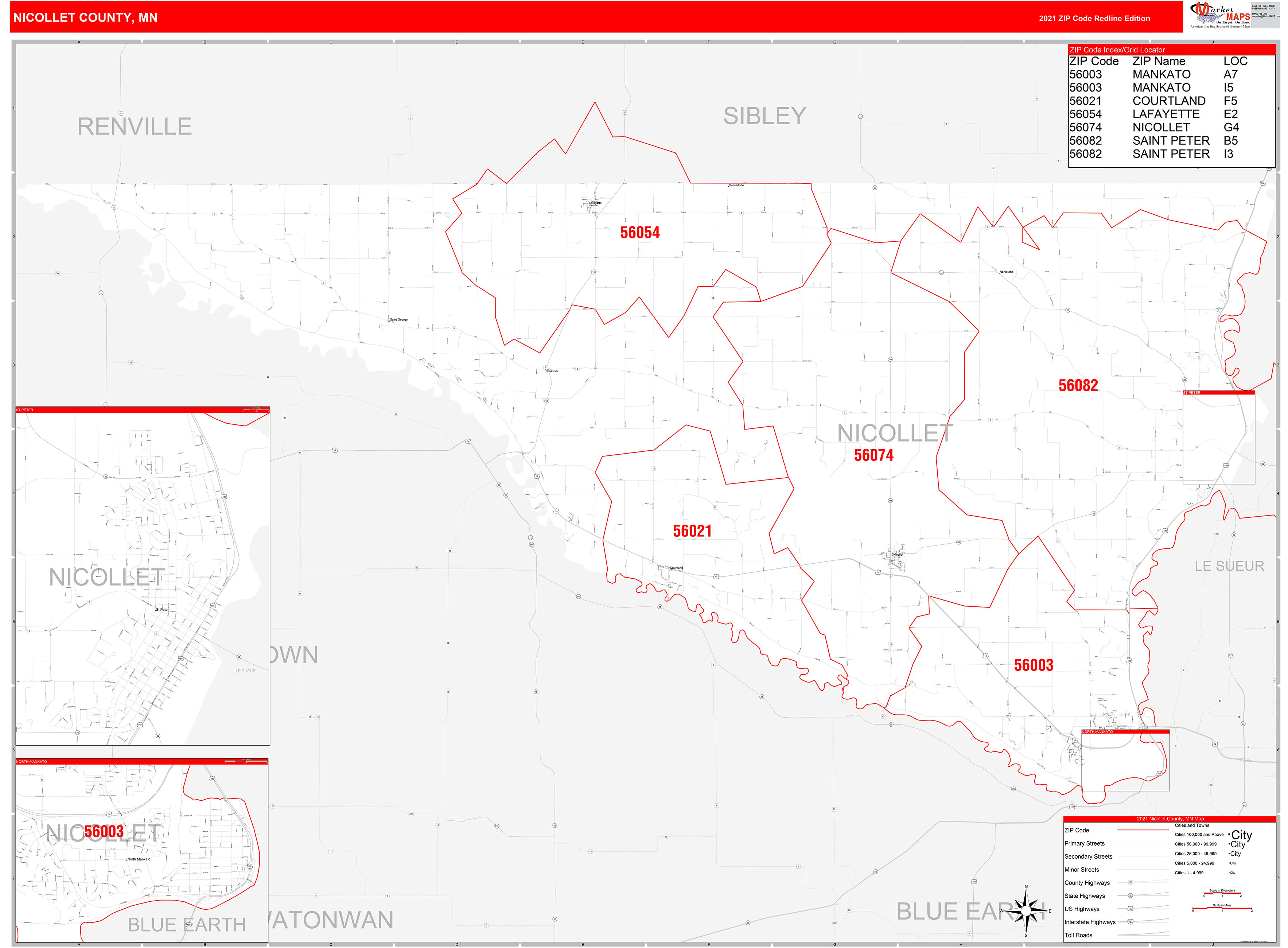 Nicollet County, MN Zip Code Wall Map Red Line Style by MarketMAPS