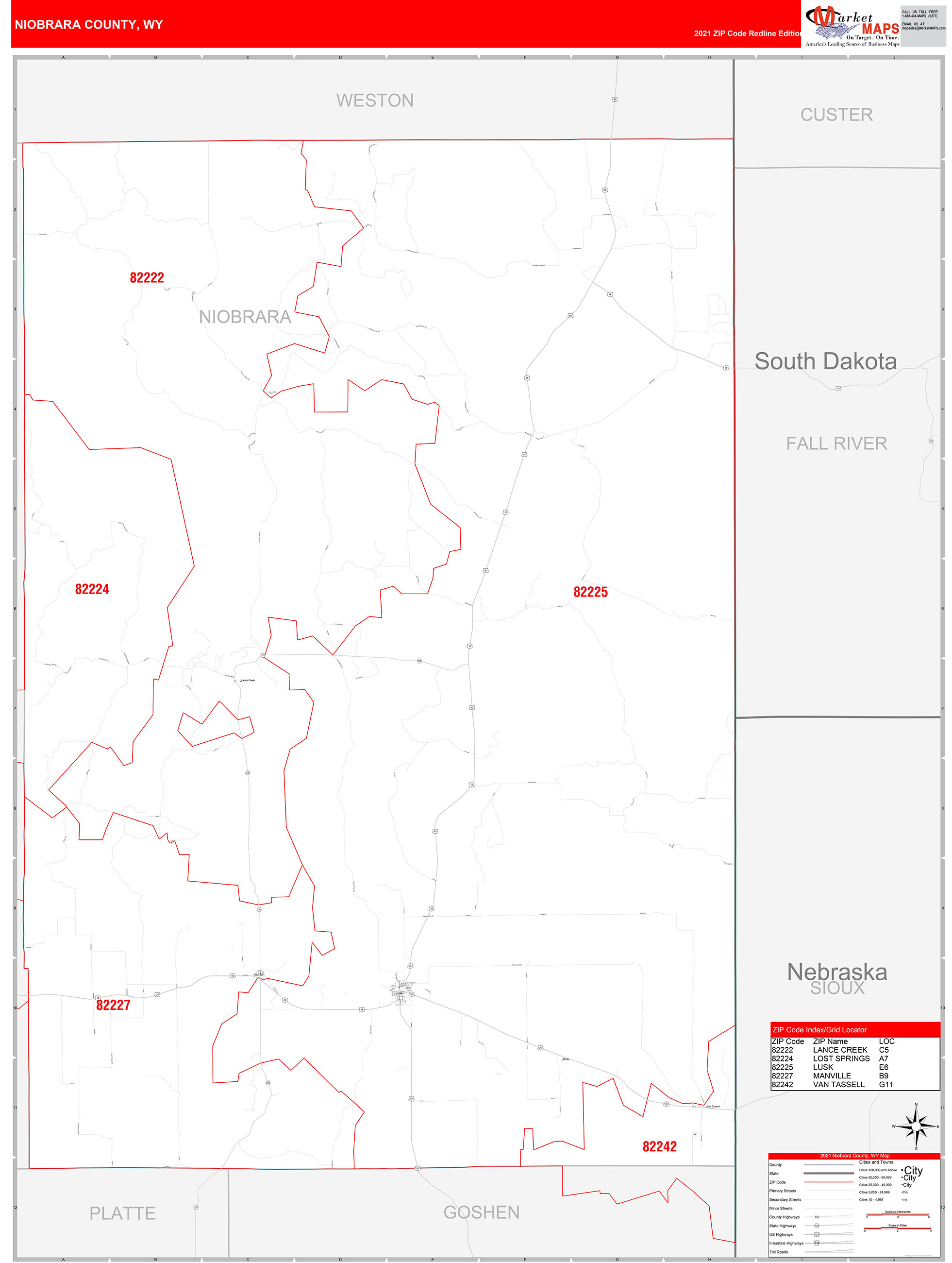 Niobrara County, WY Zip Code Wall Map Red Line Style by MarketMAPS
