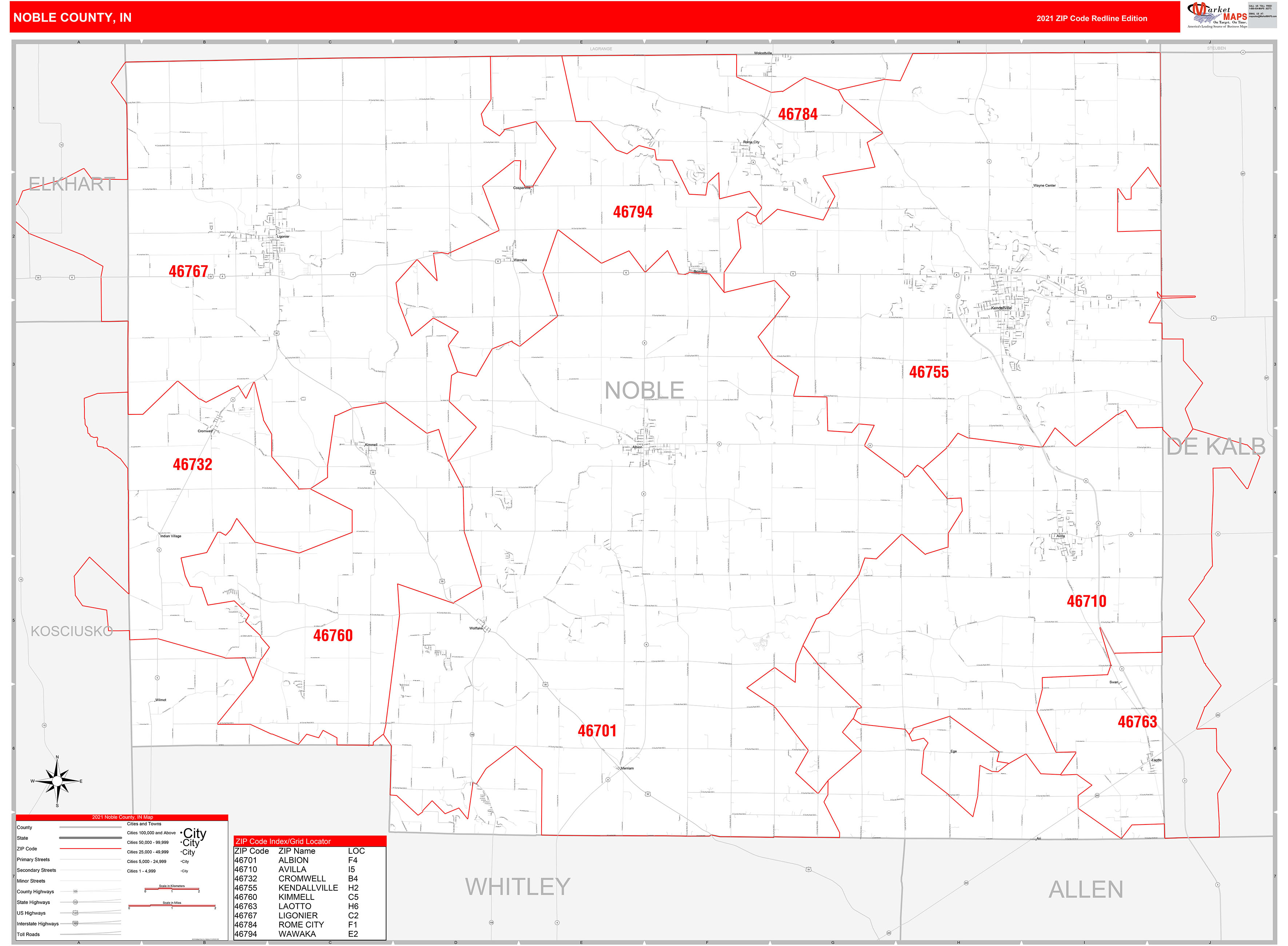 Noble County, IN Zip Code Wall Map Red Line Style by MarketMAPS