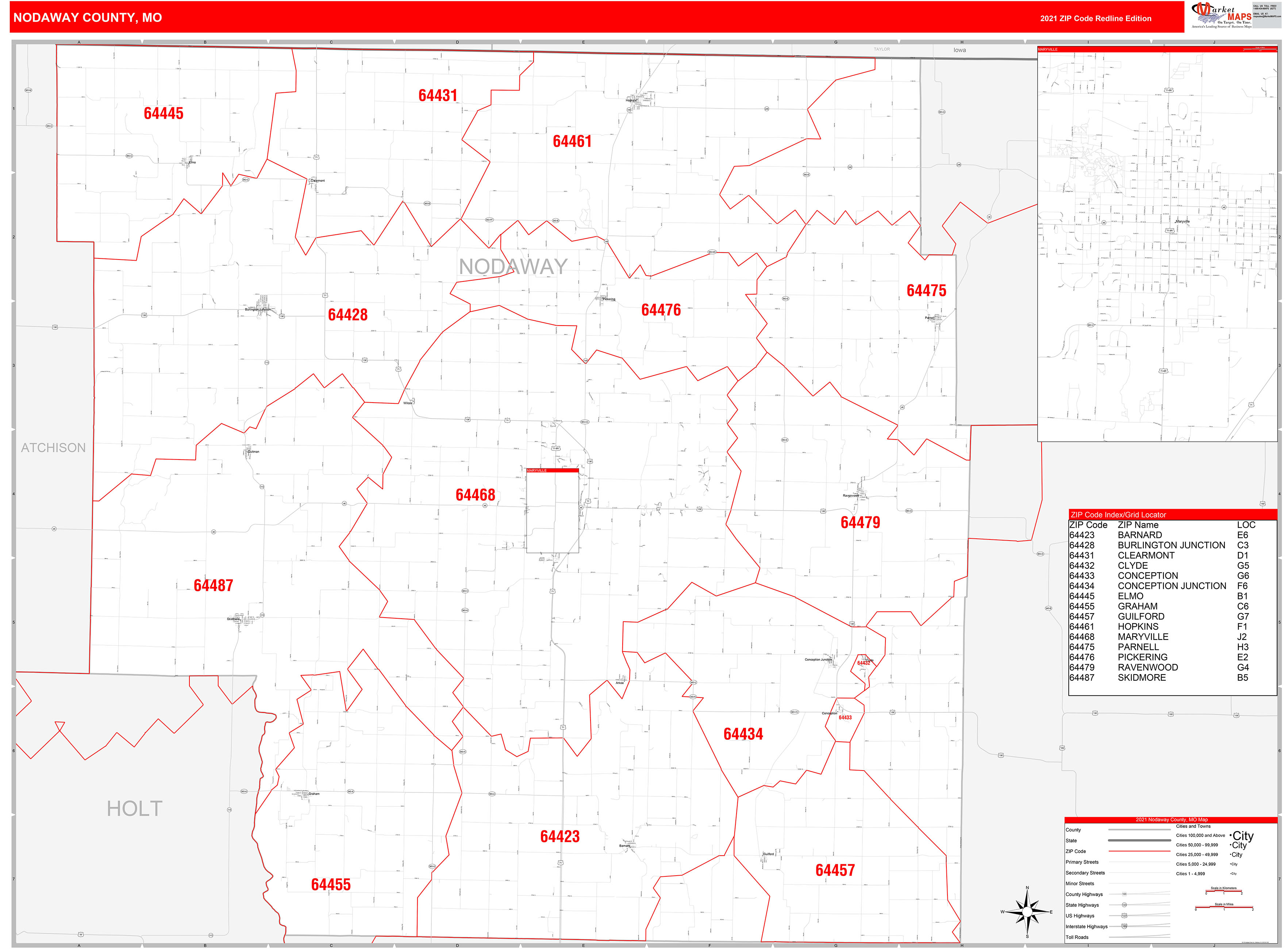 Nodaway County, MO Zip Code Wall Map Red Line Style by MarketMAPS