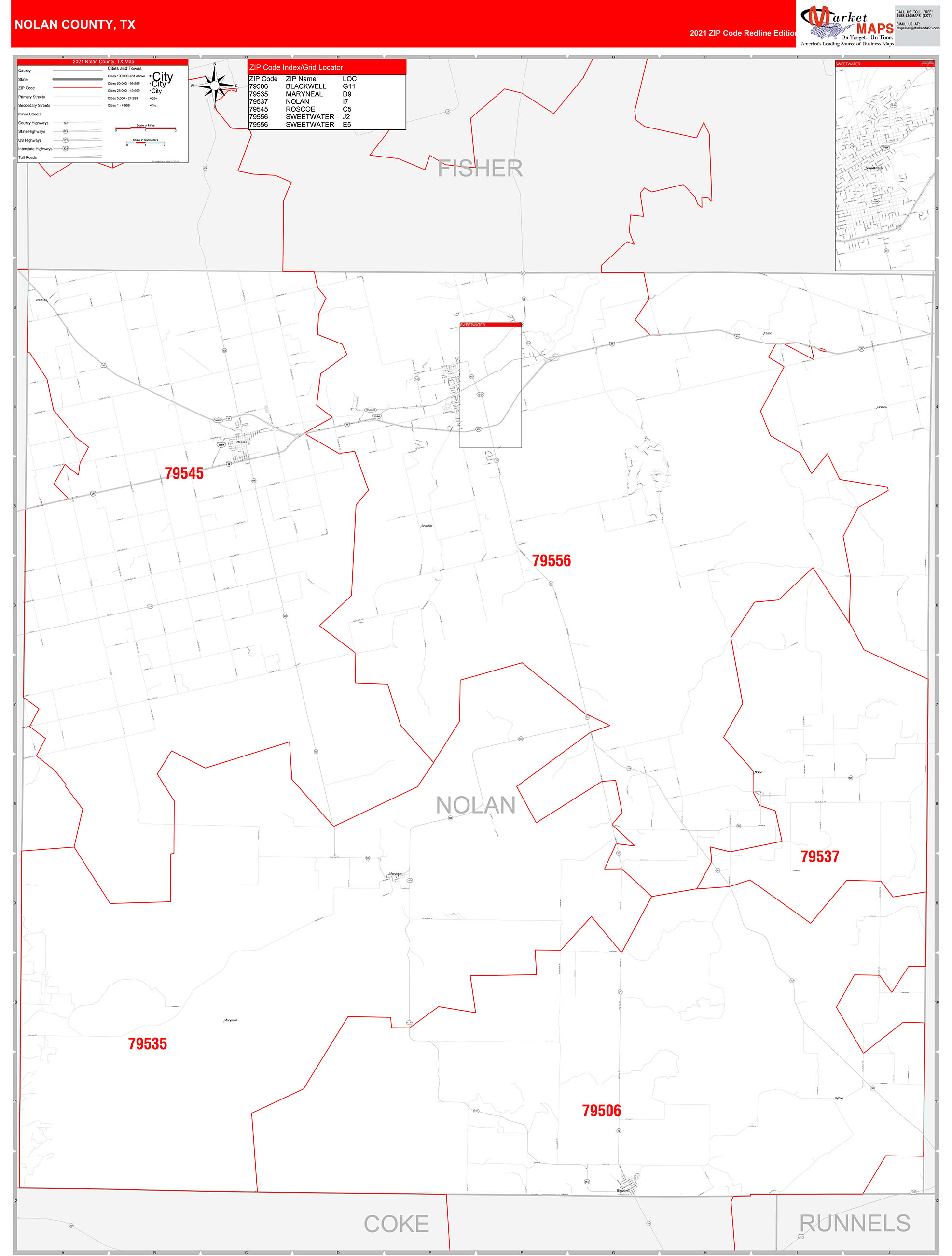 Nolan County, TX Zip Code Wall Map Red Line Style by MarketMAPS