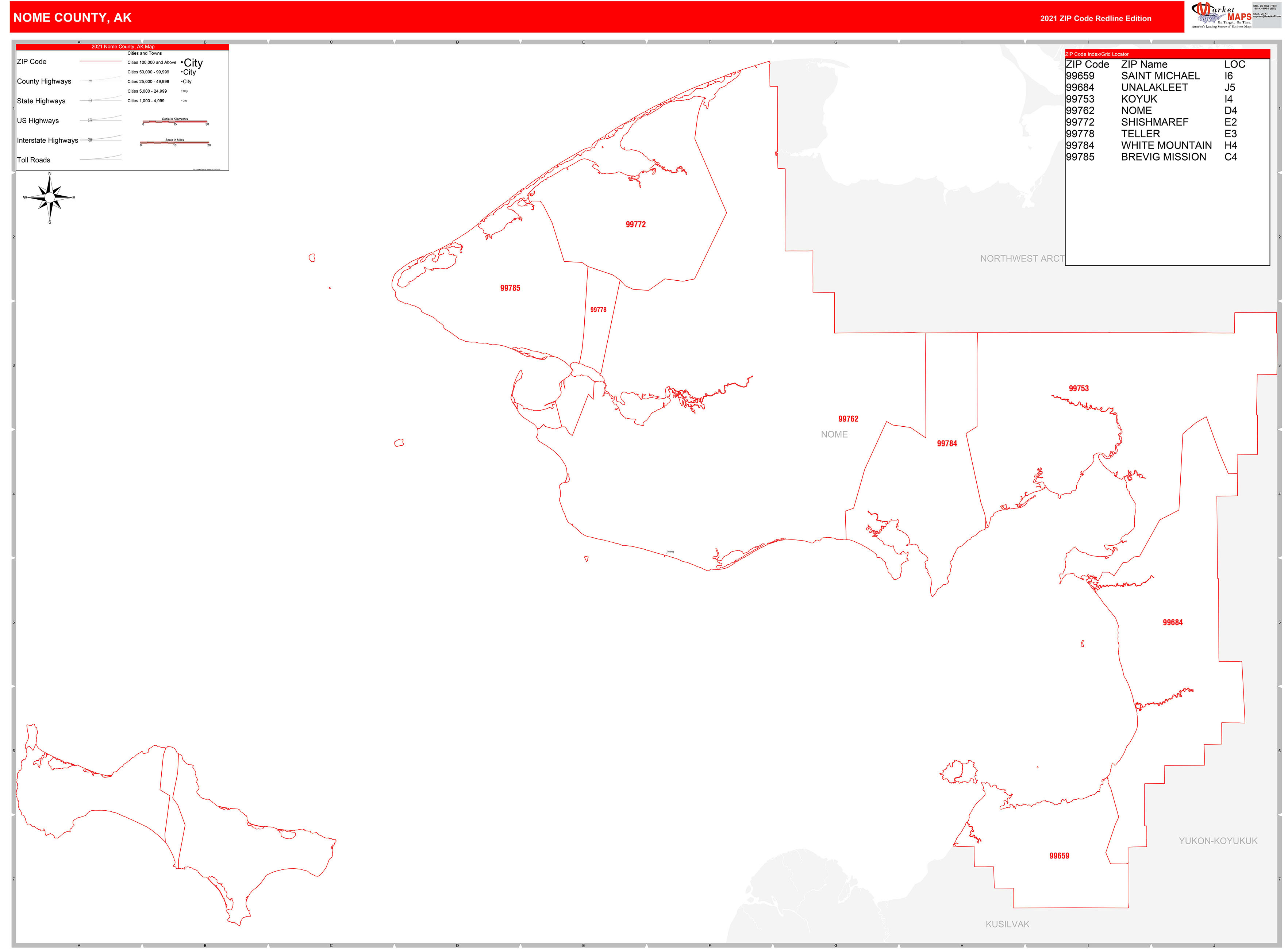 Nome County, AK Zip Code Wall Map Red Line Style by MarketMAPS