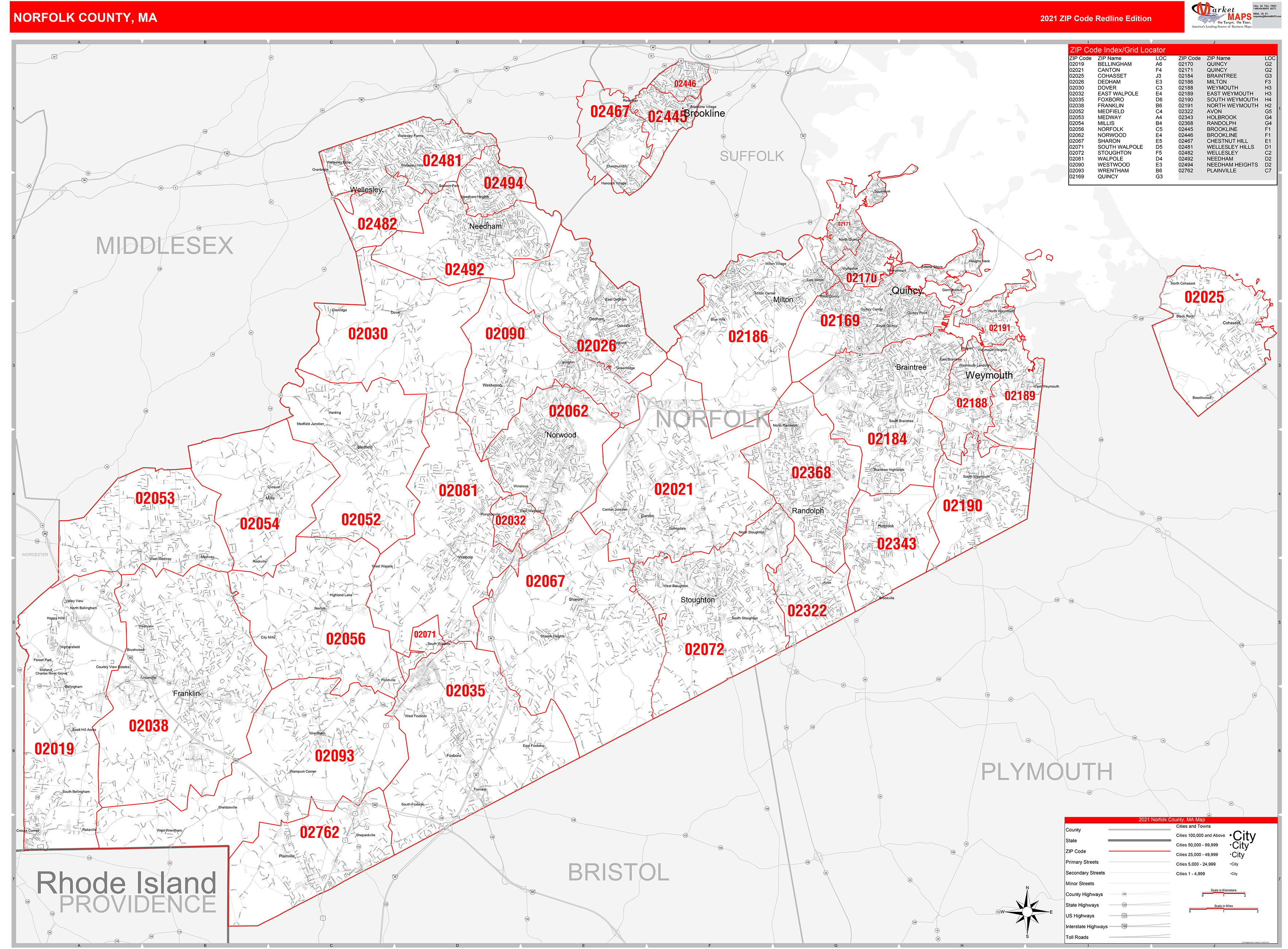 Norfolk County, MA Zip Code Wall Map Red Line Style by MarketMAPS