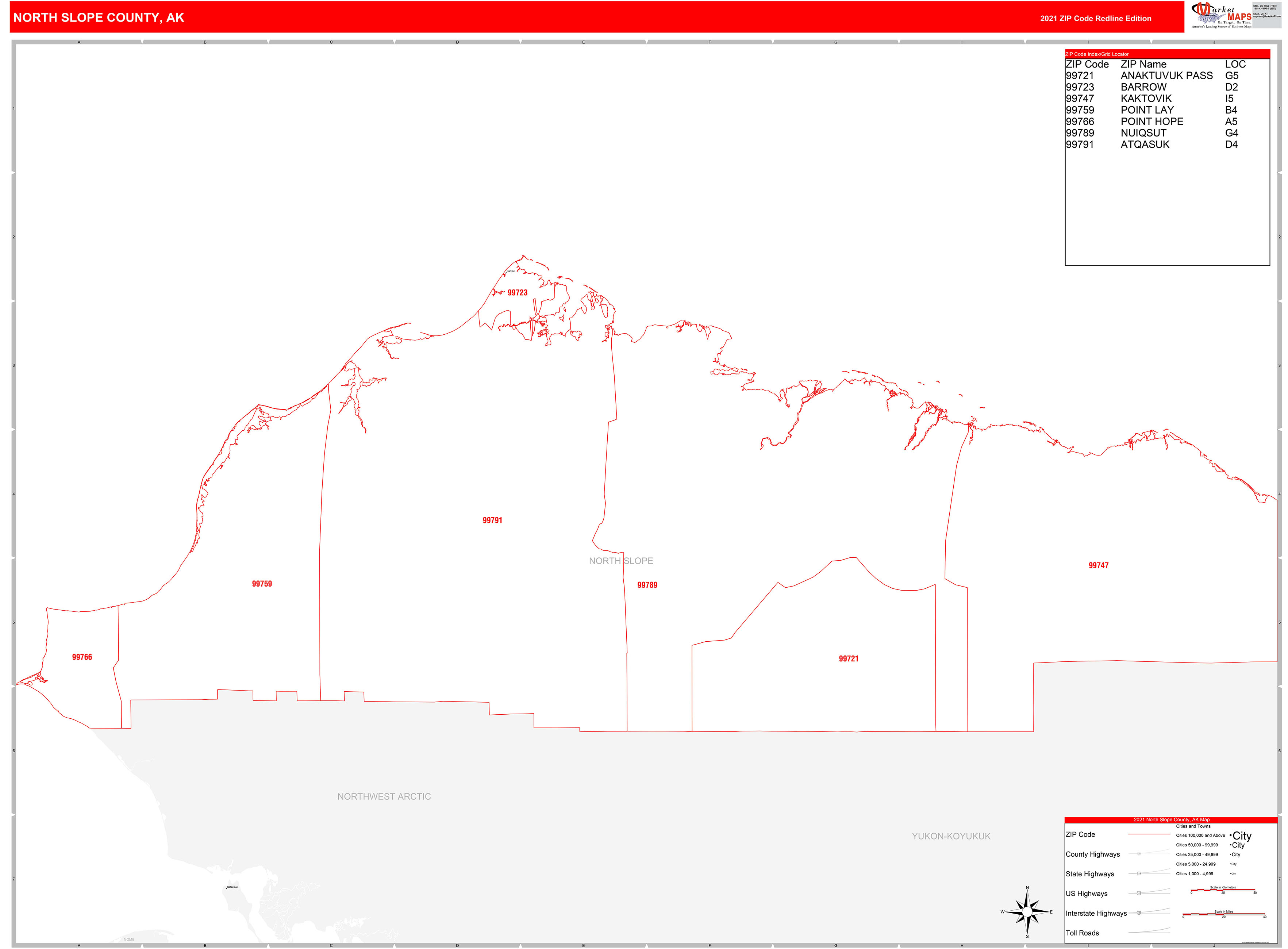 North Slope County, AK Zip Code Wall Map Red Line Style by MarketMAPS