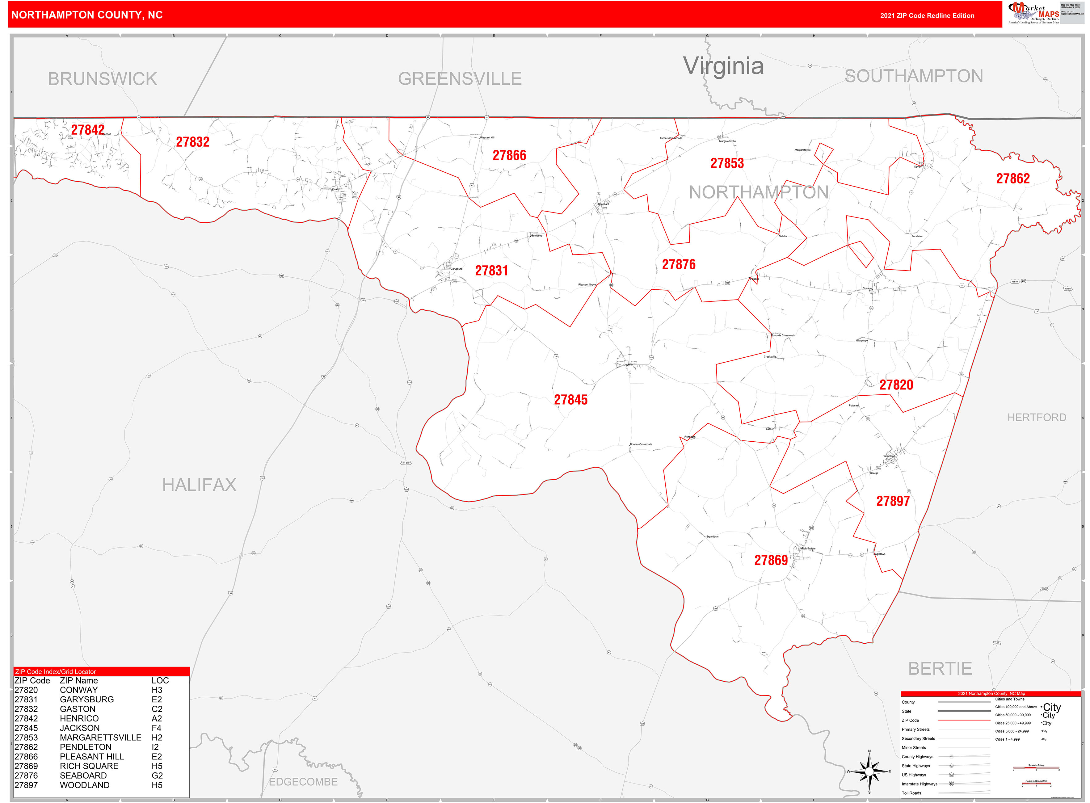 Northampton County, NC Zip Code Wall Map Red Line Style by MarketMAPS