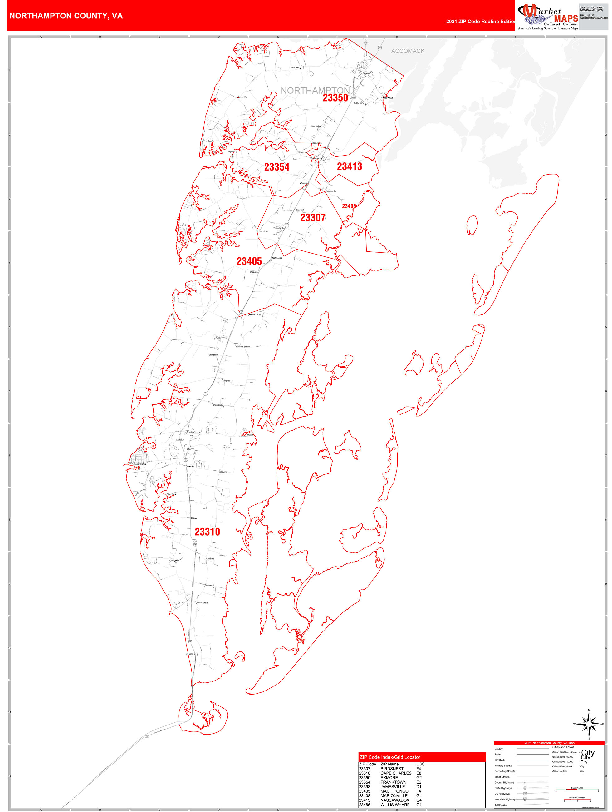 Northampton County, VA Zip Code Wall Map Red Line Style by MarketMAPS