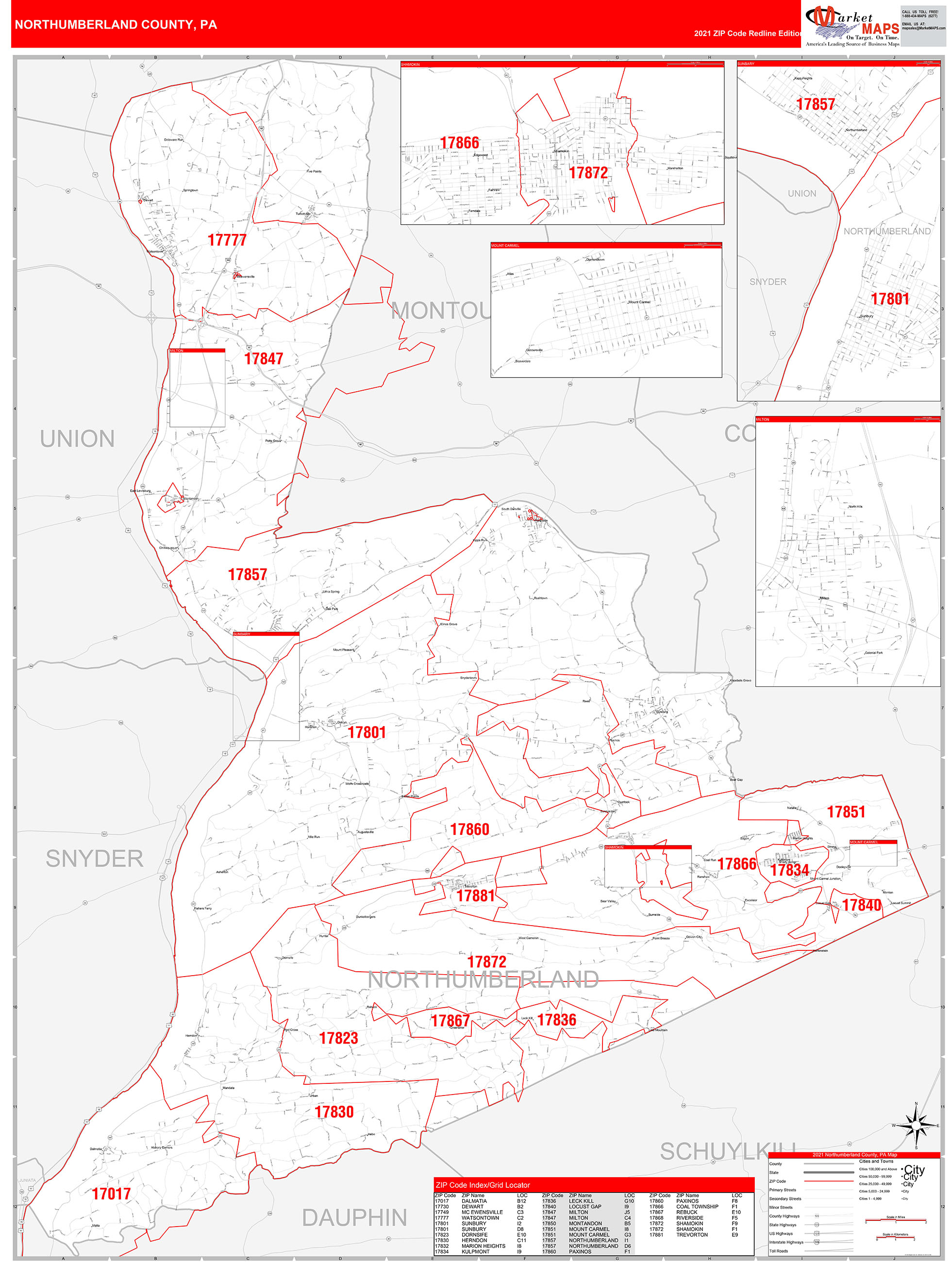 Northumberland County, PA Zip Code Wall Map Red Line Style by MarketMAPS