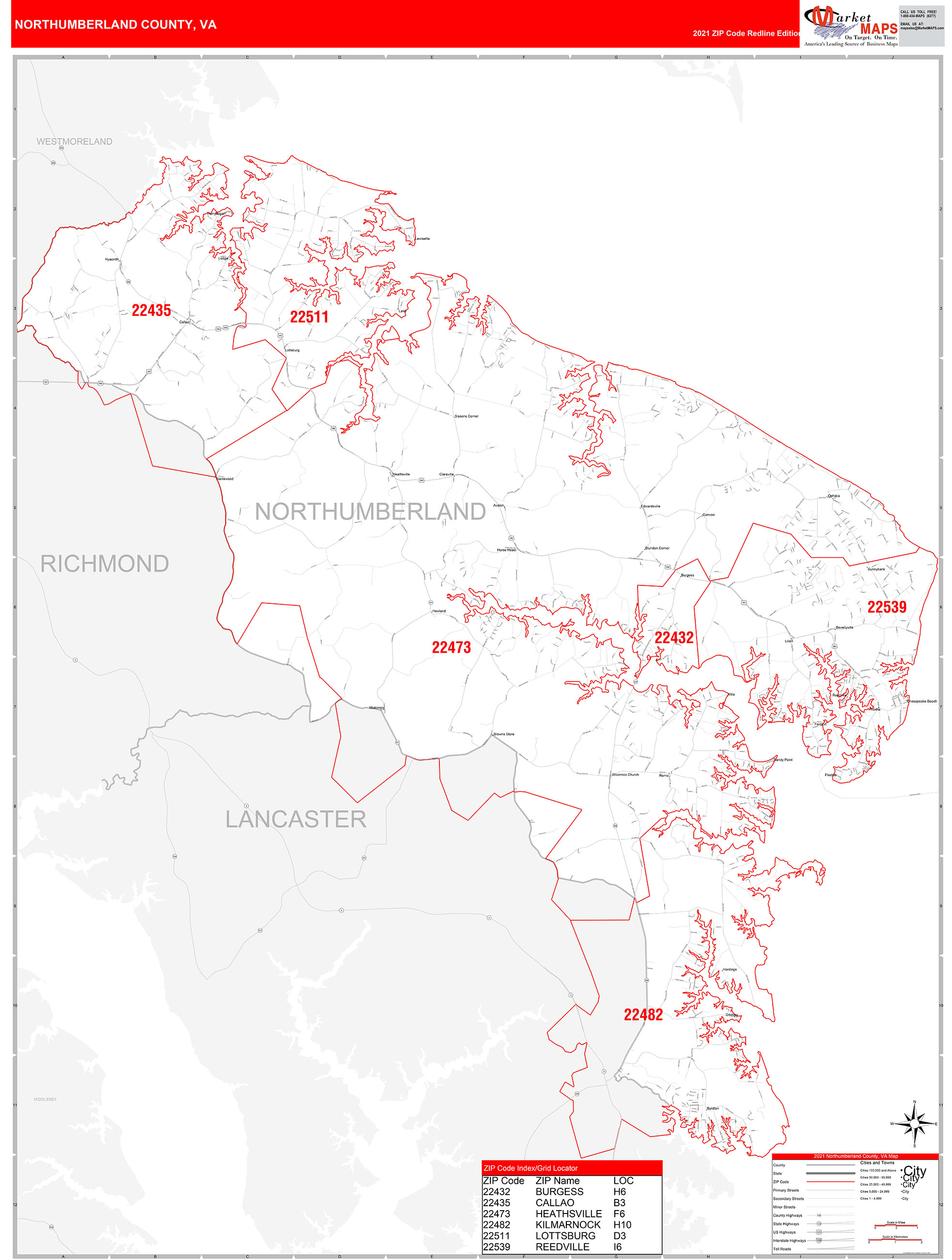 Northumberland County, VA Zip Code Wall Map Red Line Style by