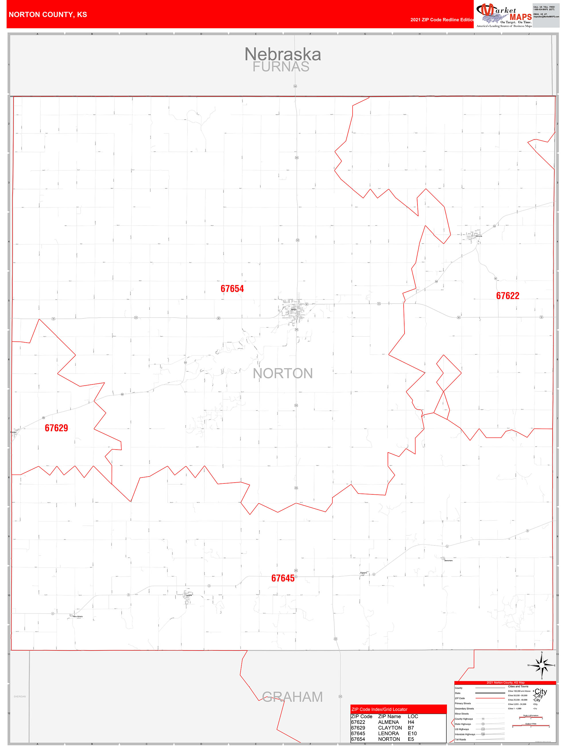 Norton County, KS Zip Code Wall Map Red Line Style by MarketMAPS MapSales