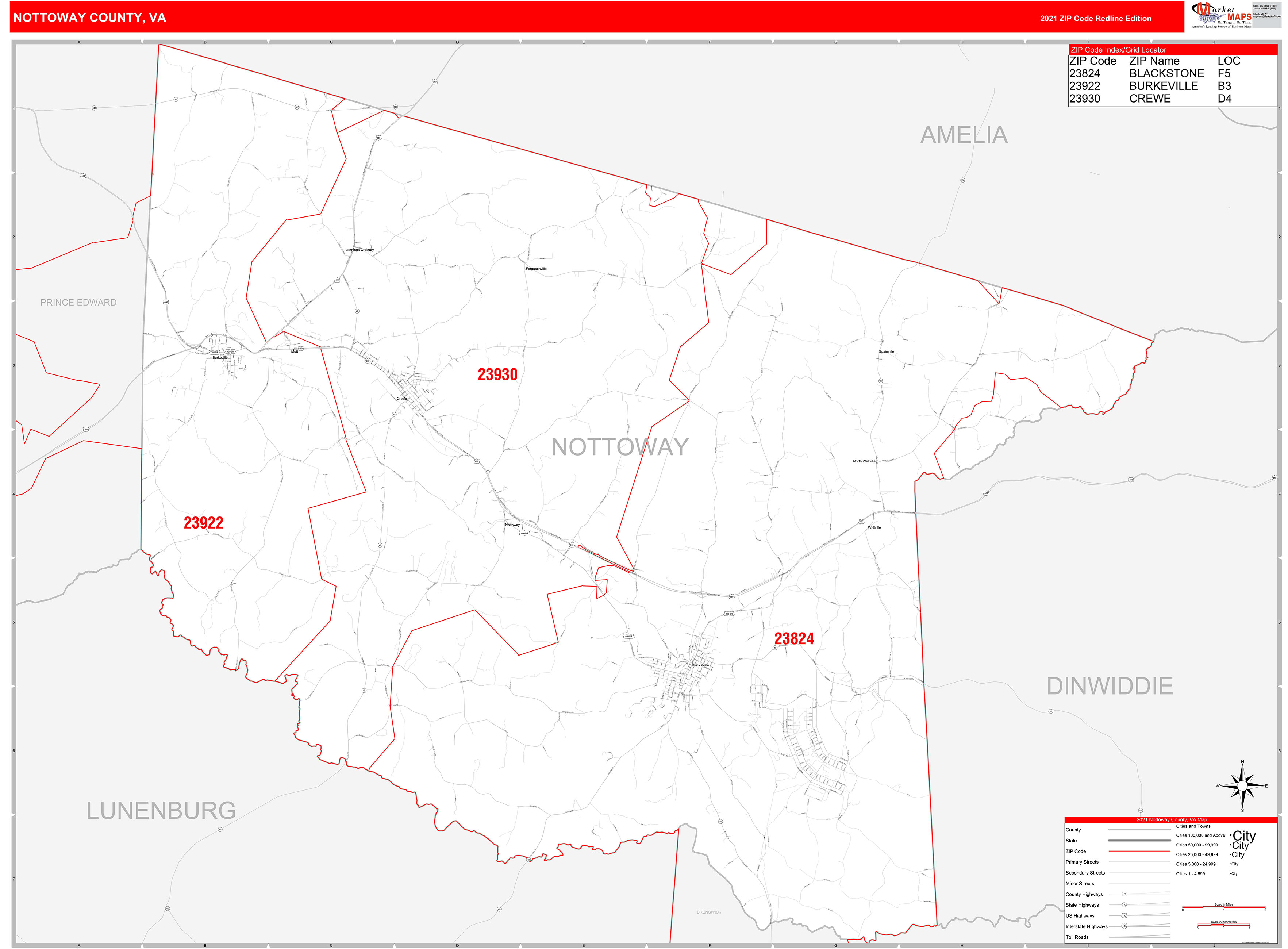 Nottoway County, VA Zip Code Wall Map Red Line Style by MarketMAPS