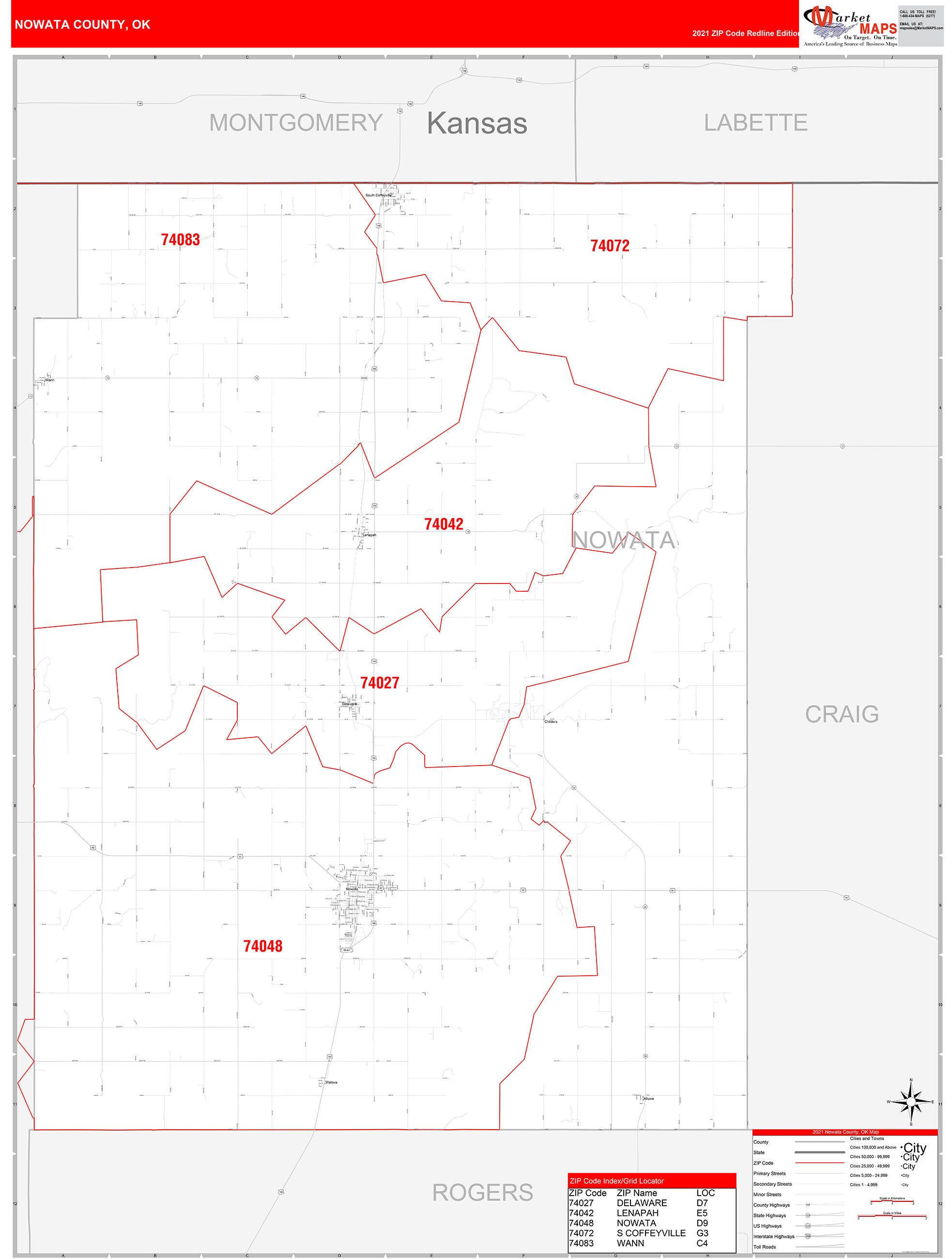 Nowata County, OK Zip Code Wall Map Red Line Style by MarketMAPS MapSales