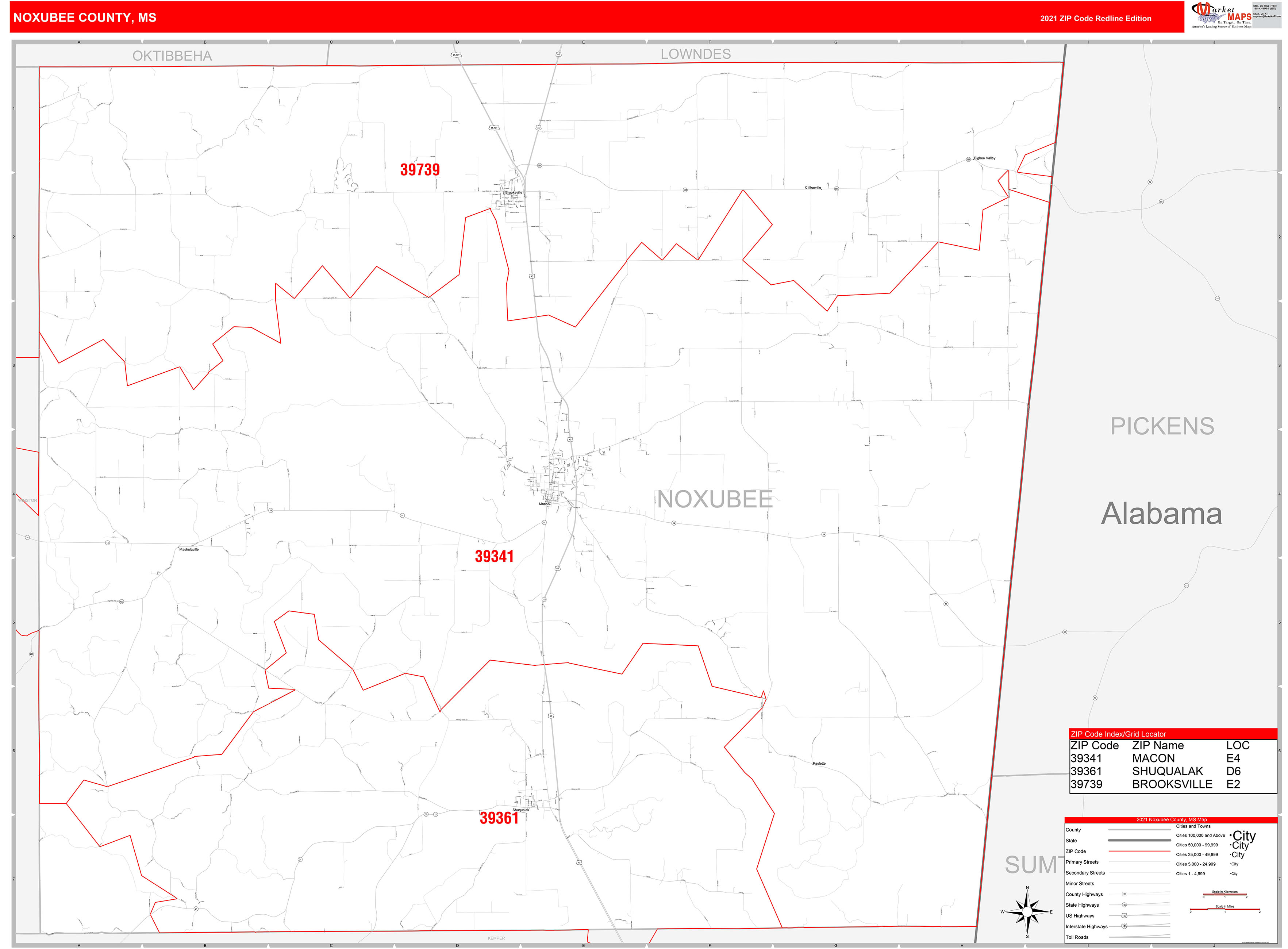 Noxubee County, MS Zip Code Wall Map Red Line Style by MarketMAPS