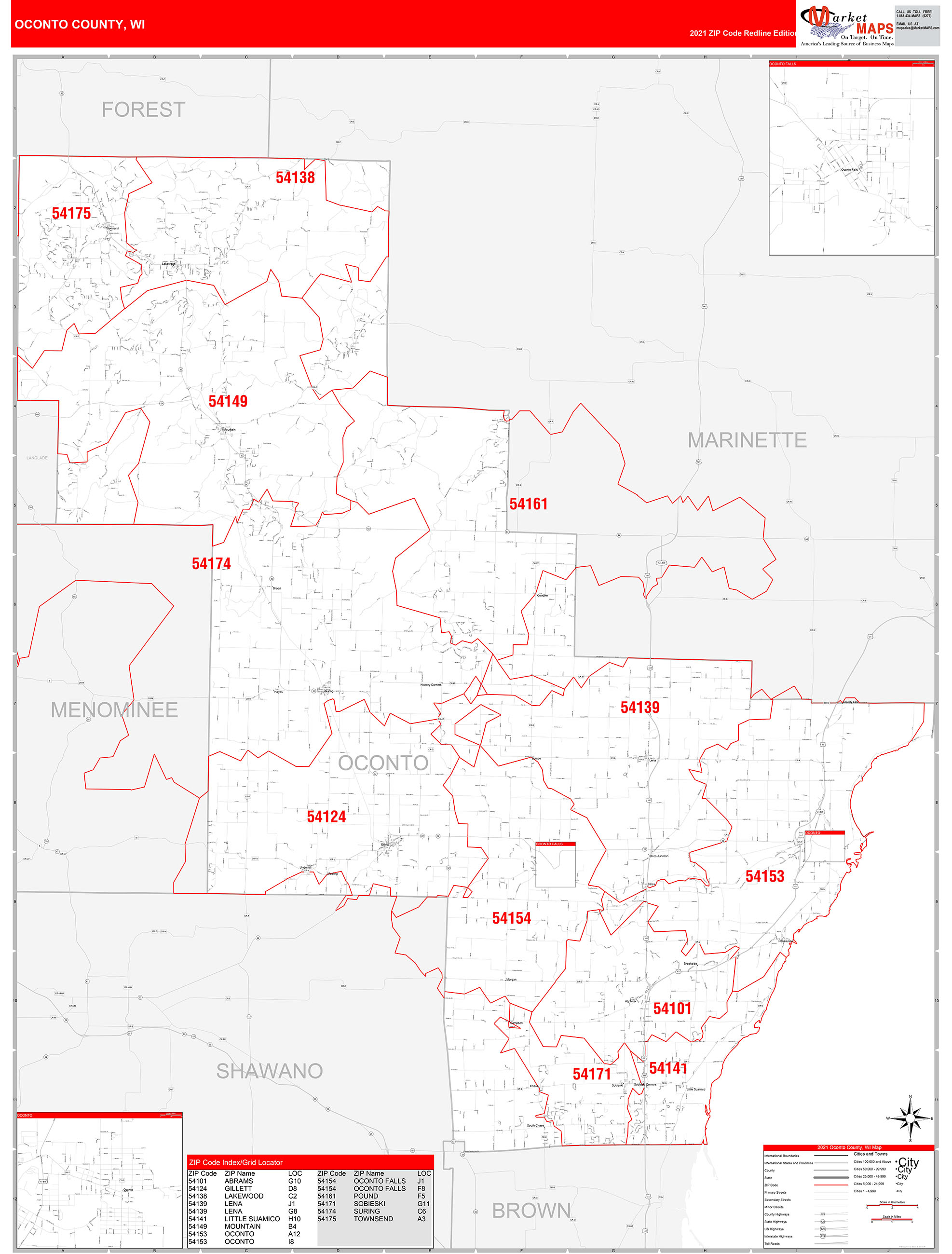 Oconto County Wi Zip Code Wall Map Red Line Style By Marketmaps