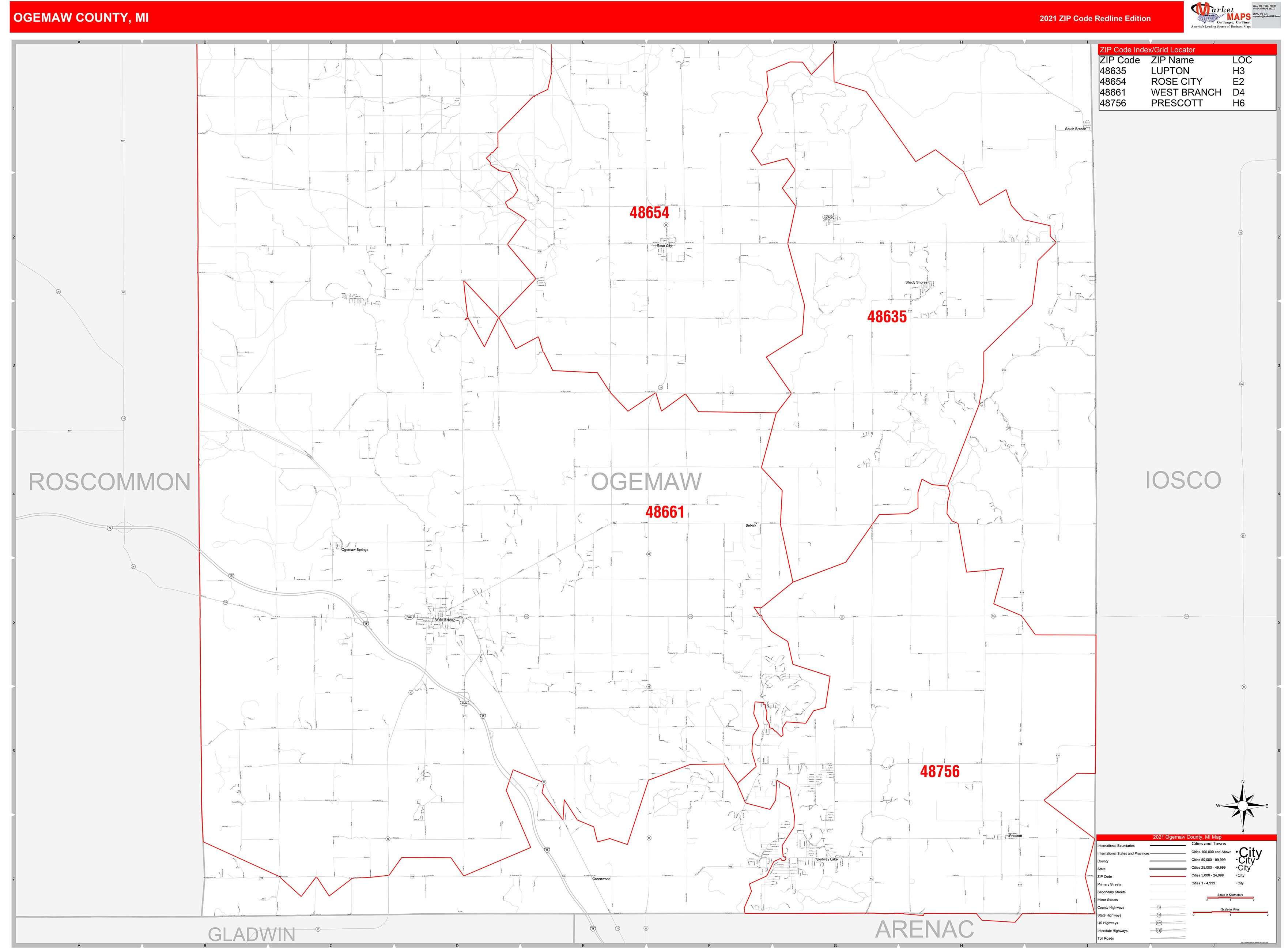 Ogemaw County, MI Zip Code Wall Map Red Line Style by MarketMAPS MapSales