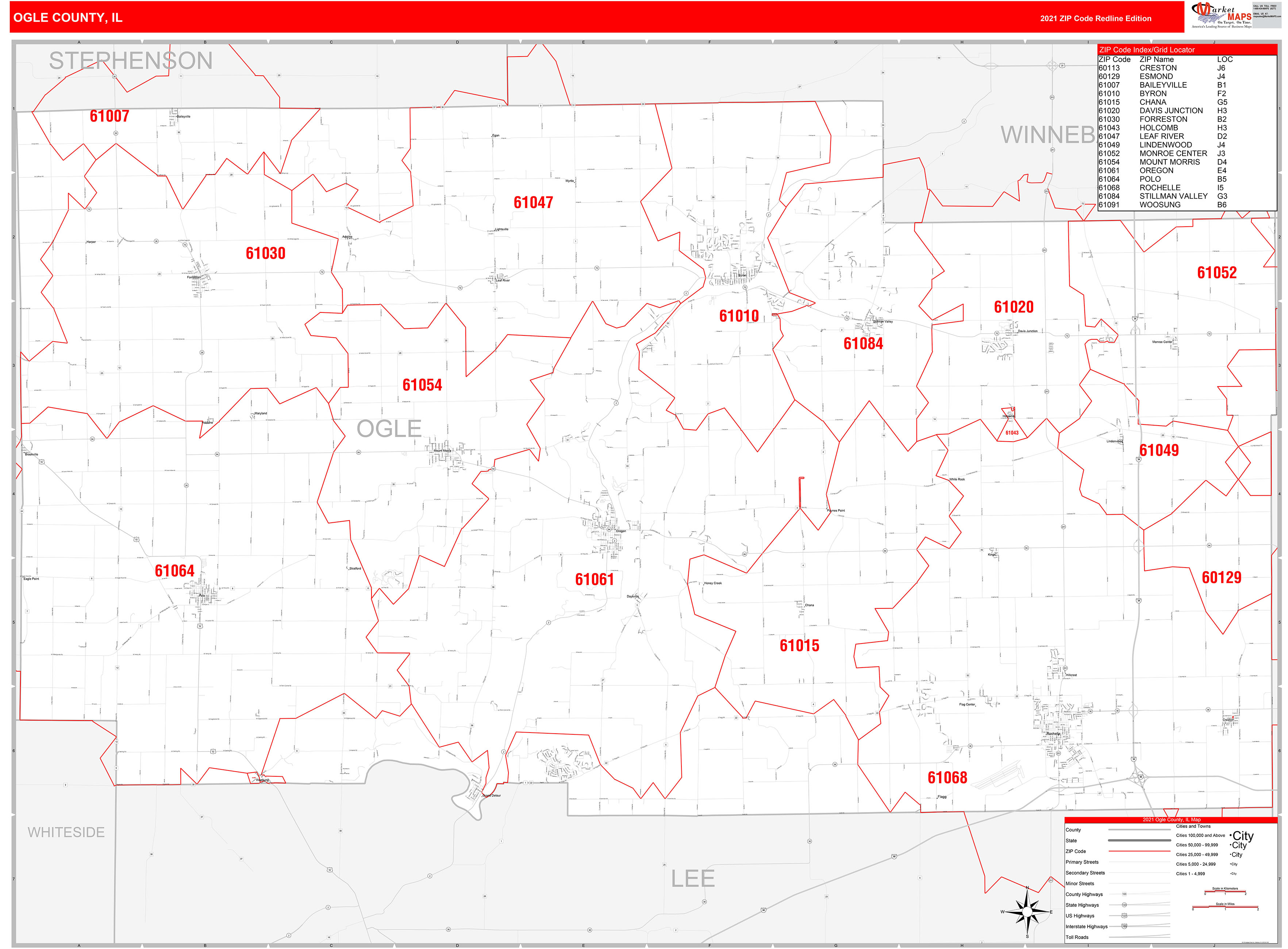 Ogle County, IL Zip Code Wall Map Red Line Style by MarketMAPS