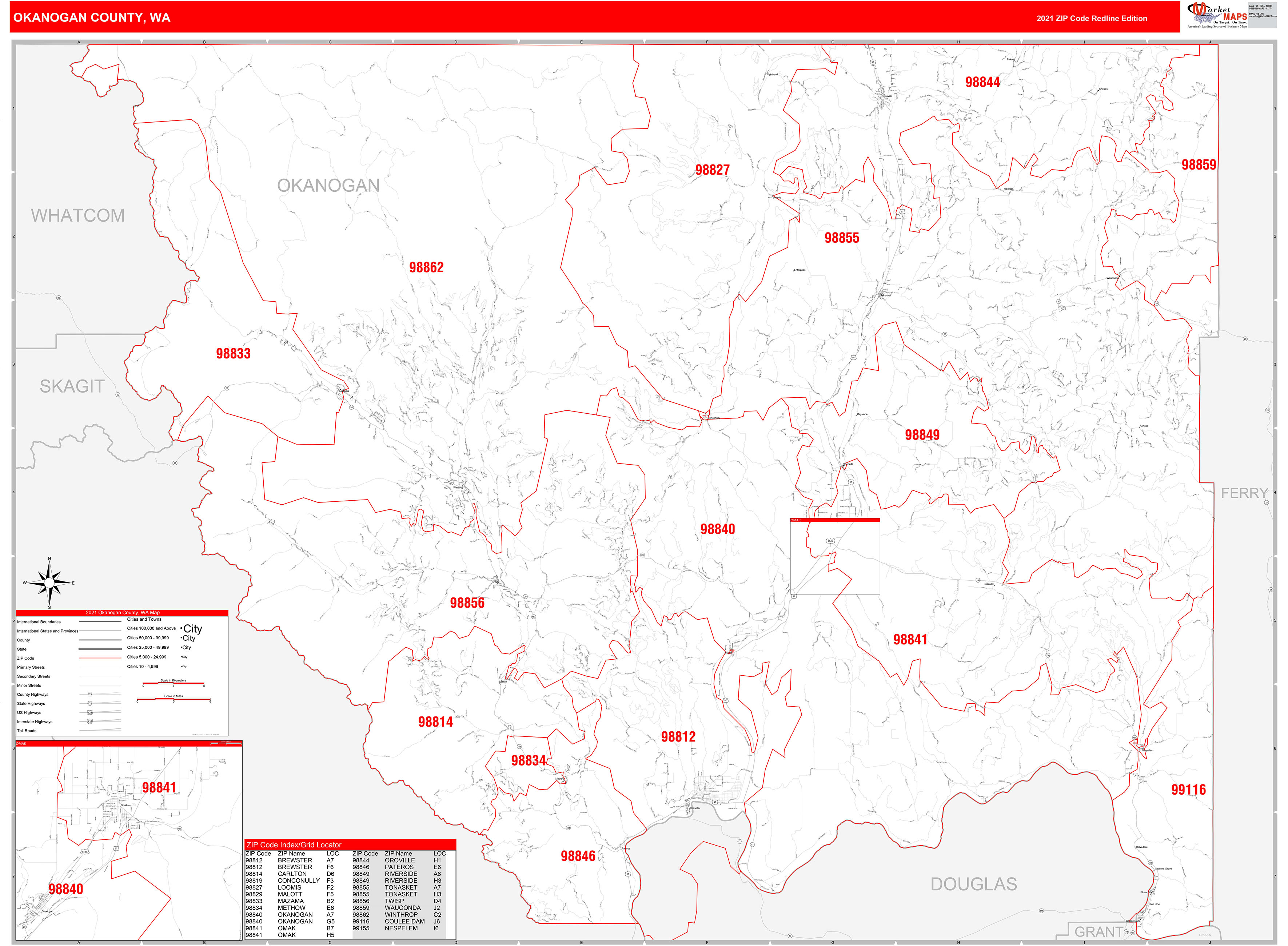 Okanogan County, WA Zip Code Wall Map Red Line Style by MarketMAPS