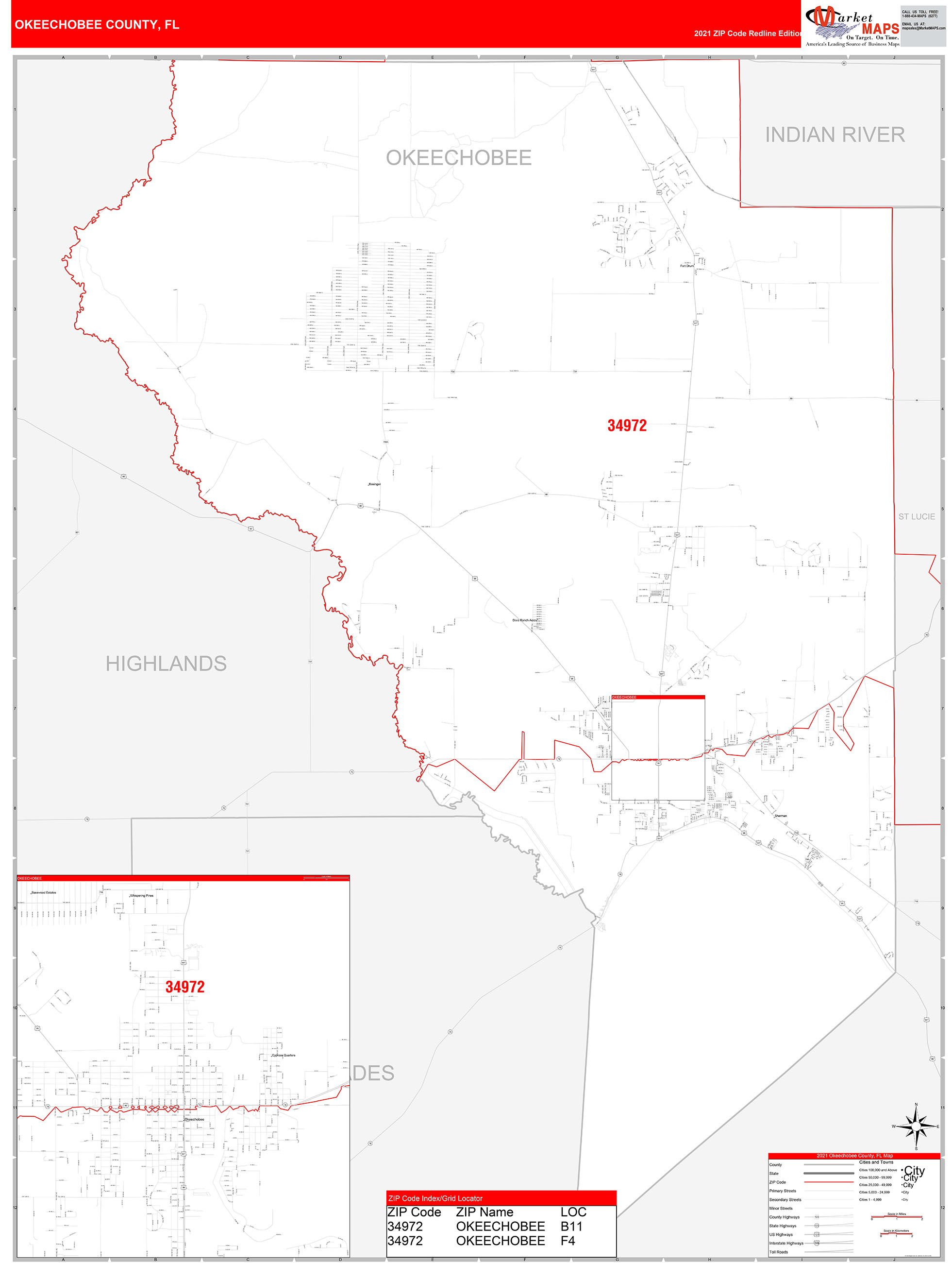 Okeechobee County, FL Zip Code Wall Map Red Line Style by MarketMAPS