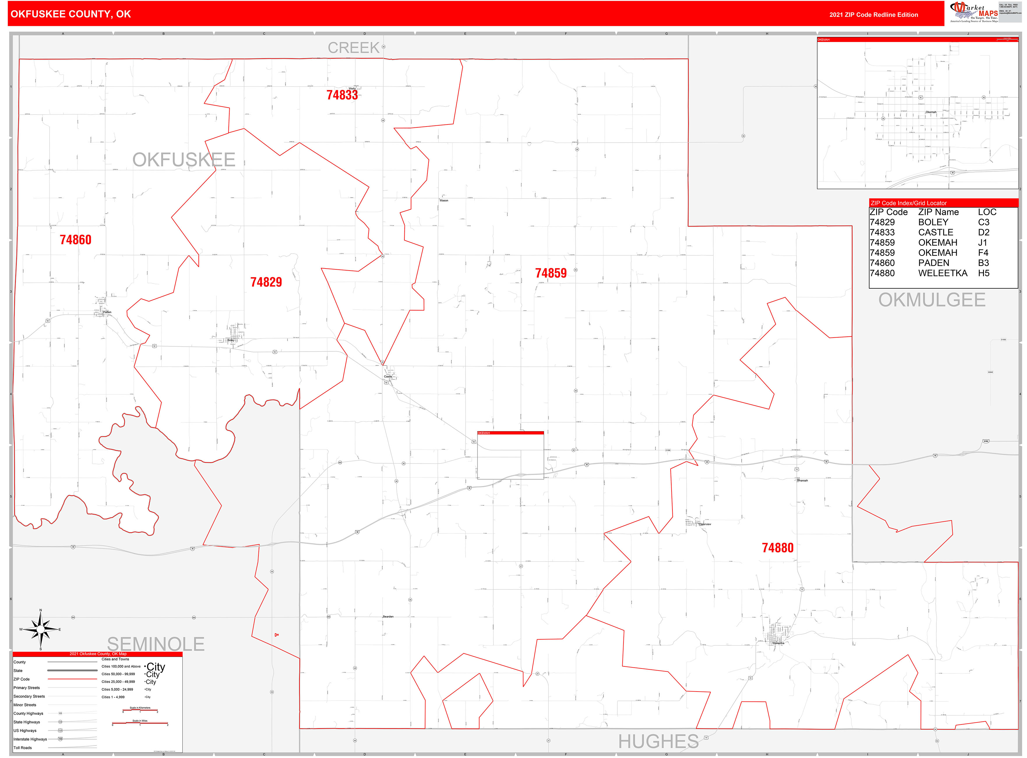 Okfuskee County, OK Zip Code Wall Map Red Line Style by MarketMAPS