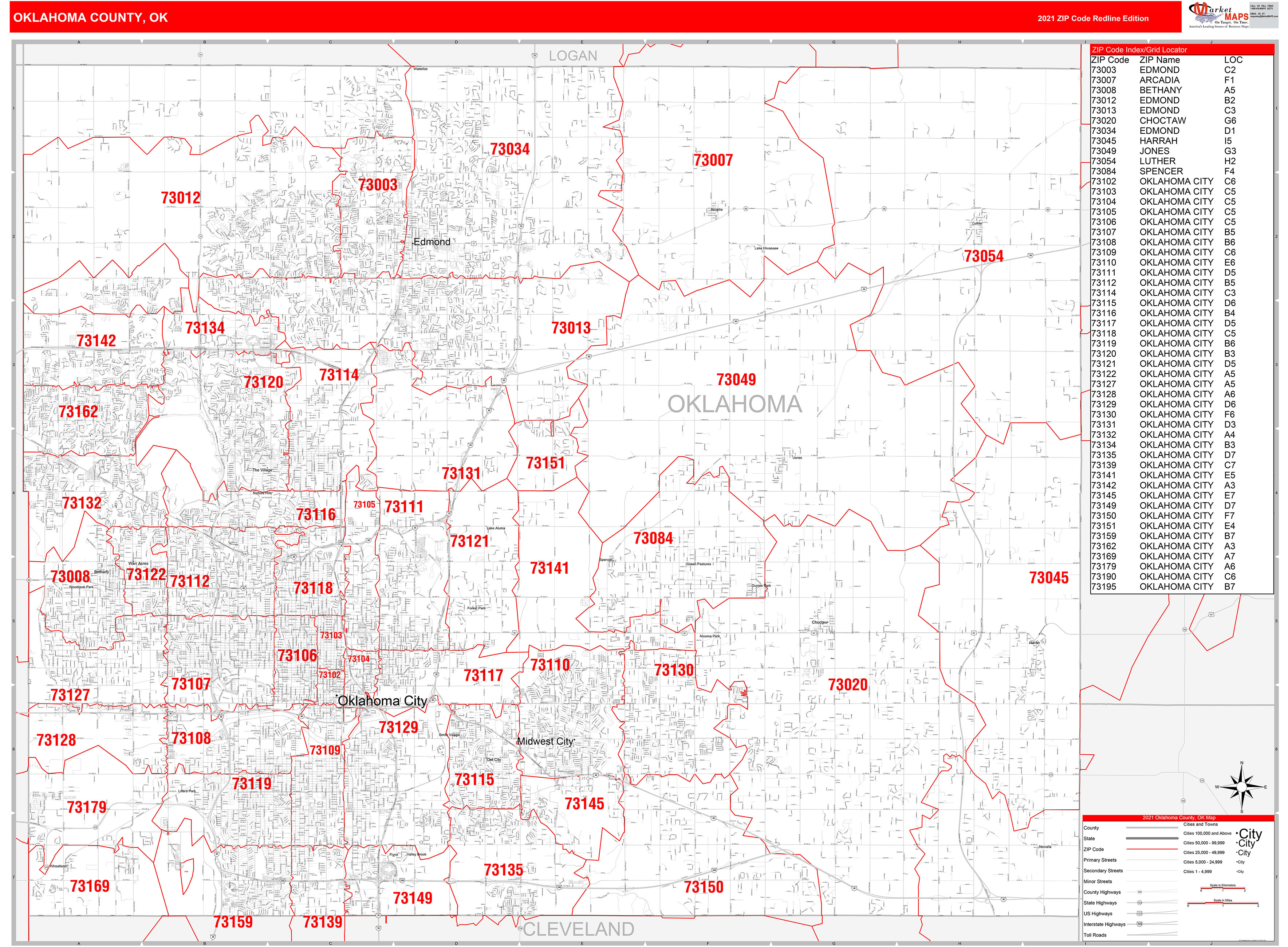 Oklahoma County Ok Zip Code Wall Map Red Line Style By Marketmaps
