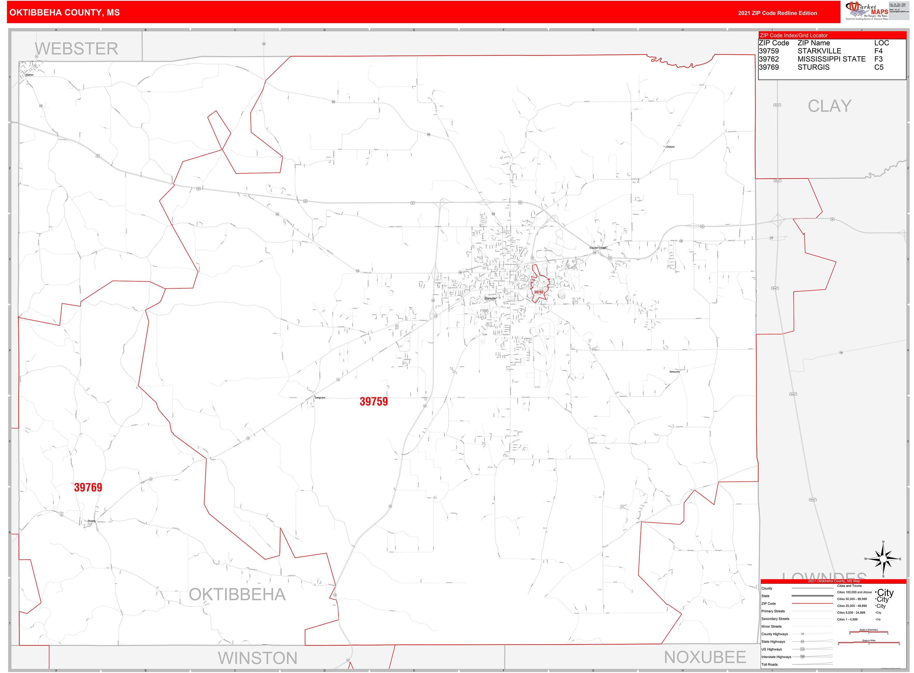 Oktibbeha County, MS Zip Code Wall Map Red Line Style by MarketMAPS