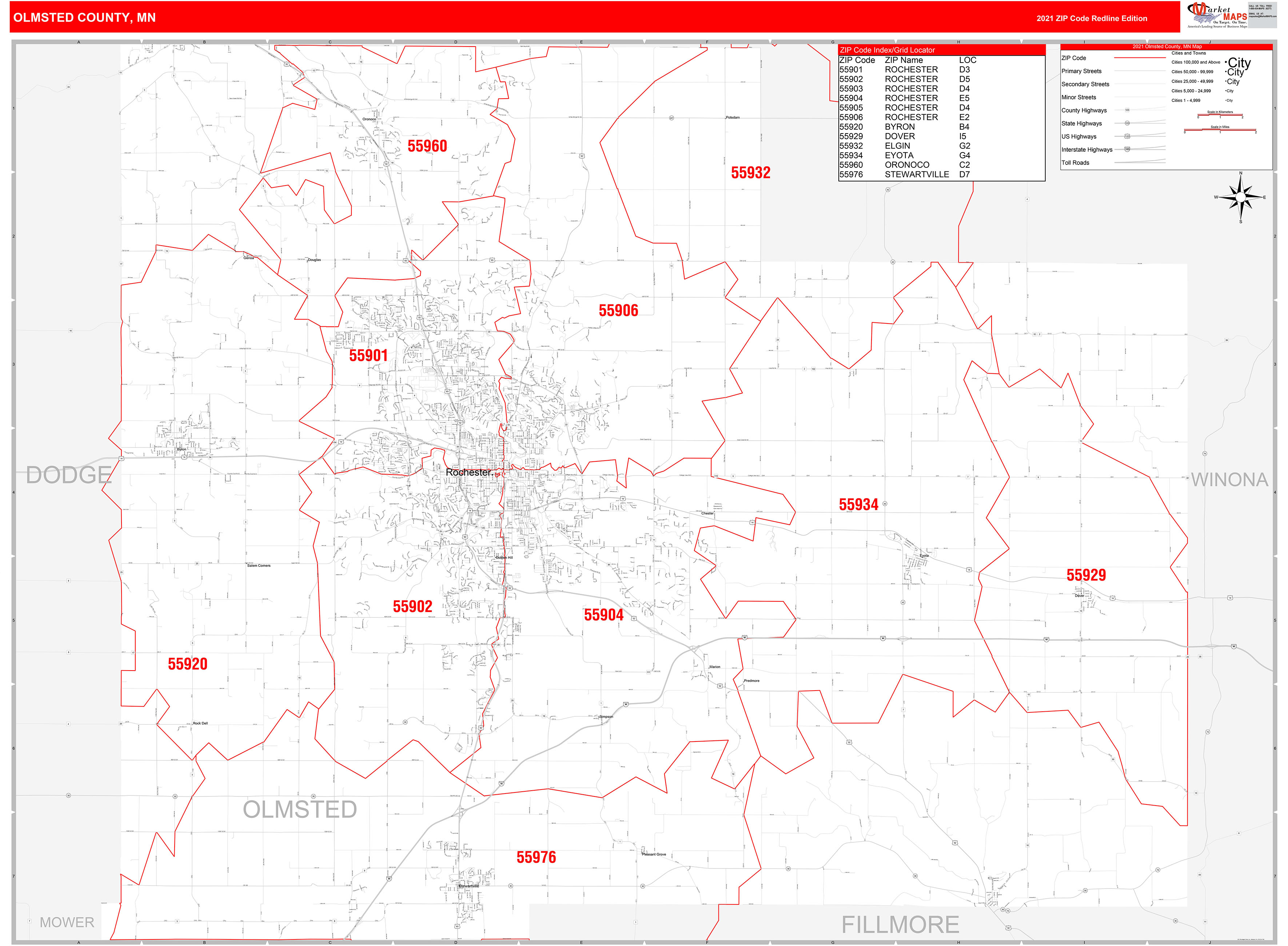 Olmsted County, MN Zip Code Wall Map Red Line Style by MarketMAPS