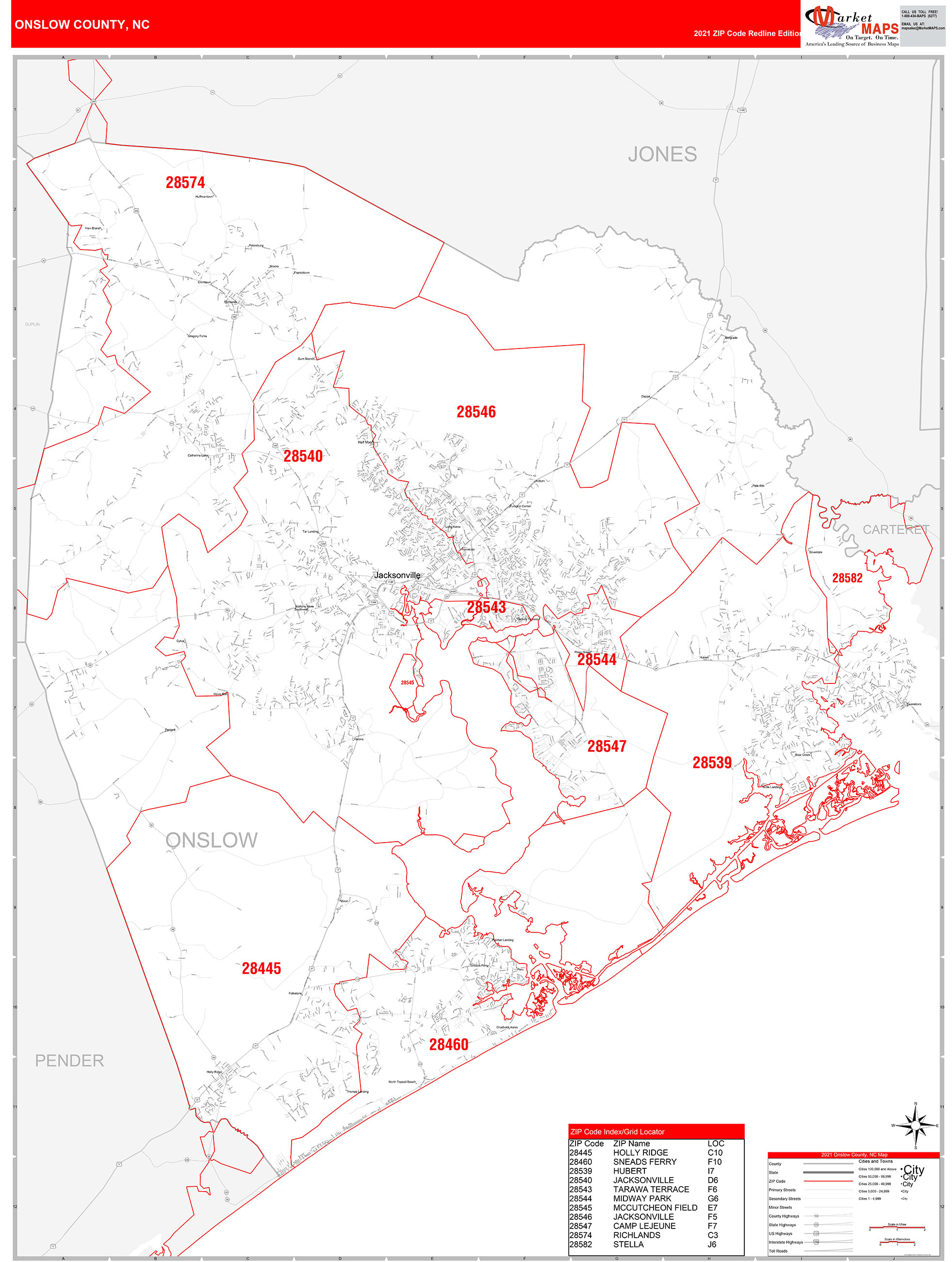 Onslow County, NC Zip Code Wall Map Red Line Style by MarketMAPS MapSales