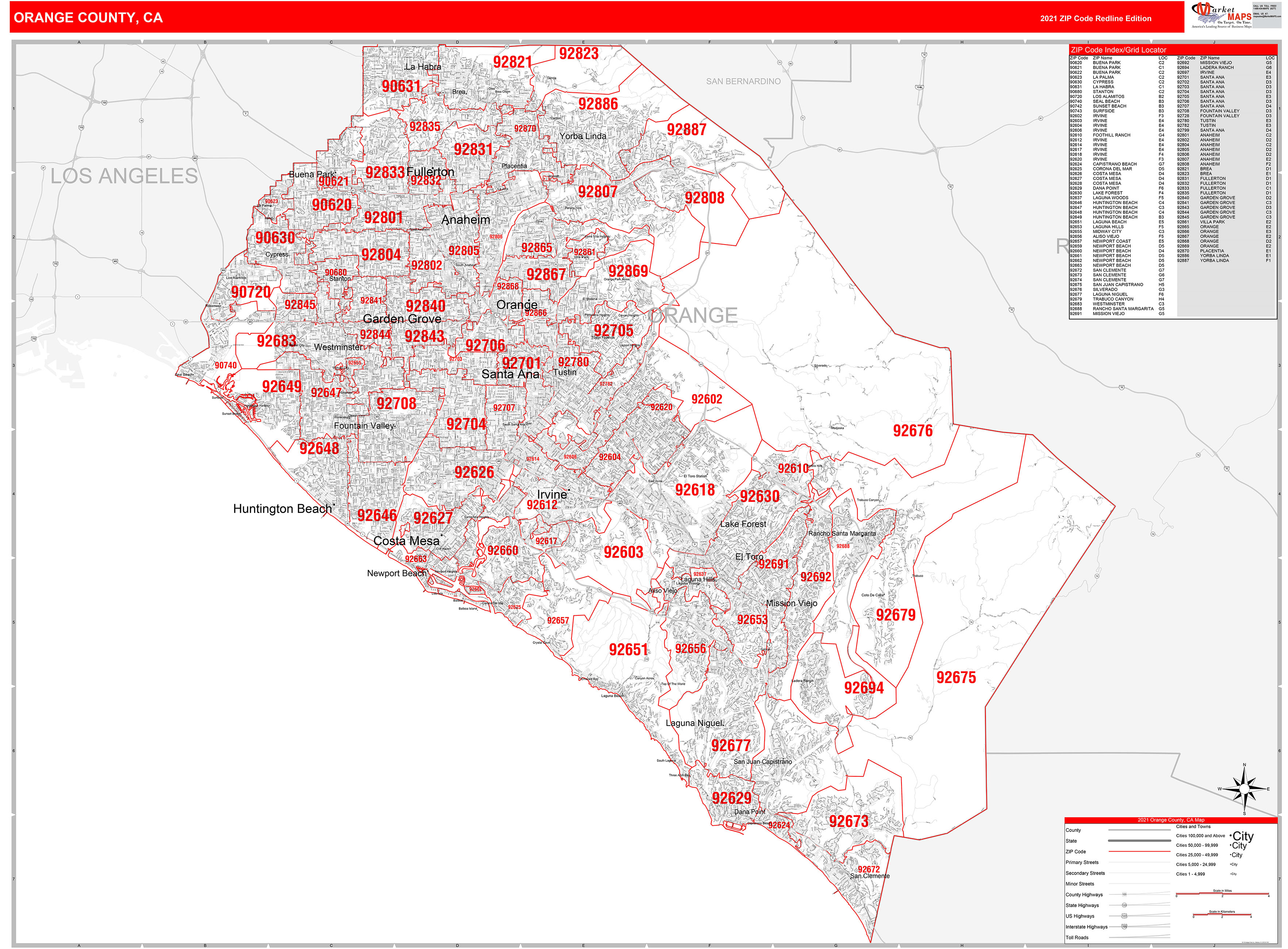 Orange County Ca Metro Area Wall Map Red Line Style By Marketmaps