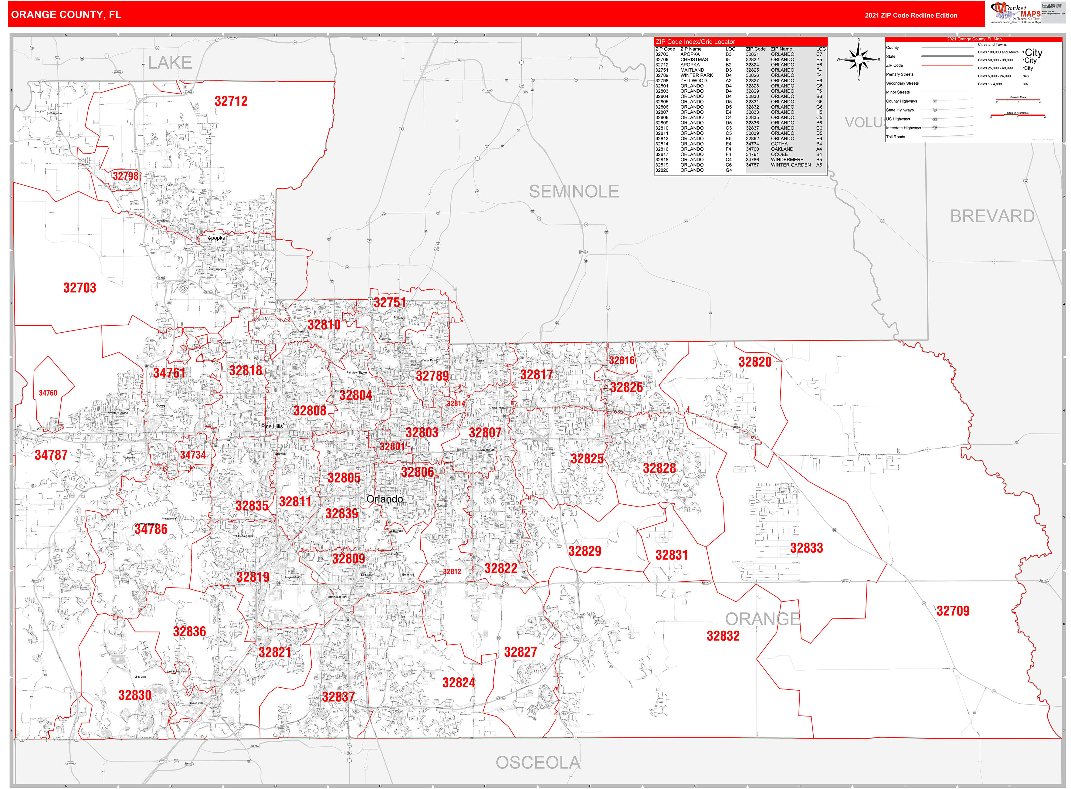 Orange County, FL Zip Code Wall Map Red Line Style by MarketMAPS MapSales
