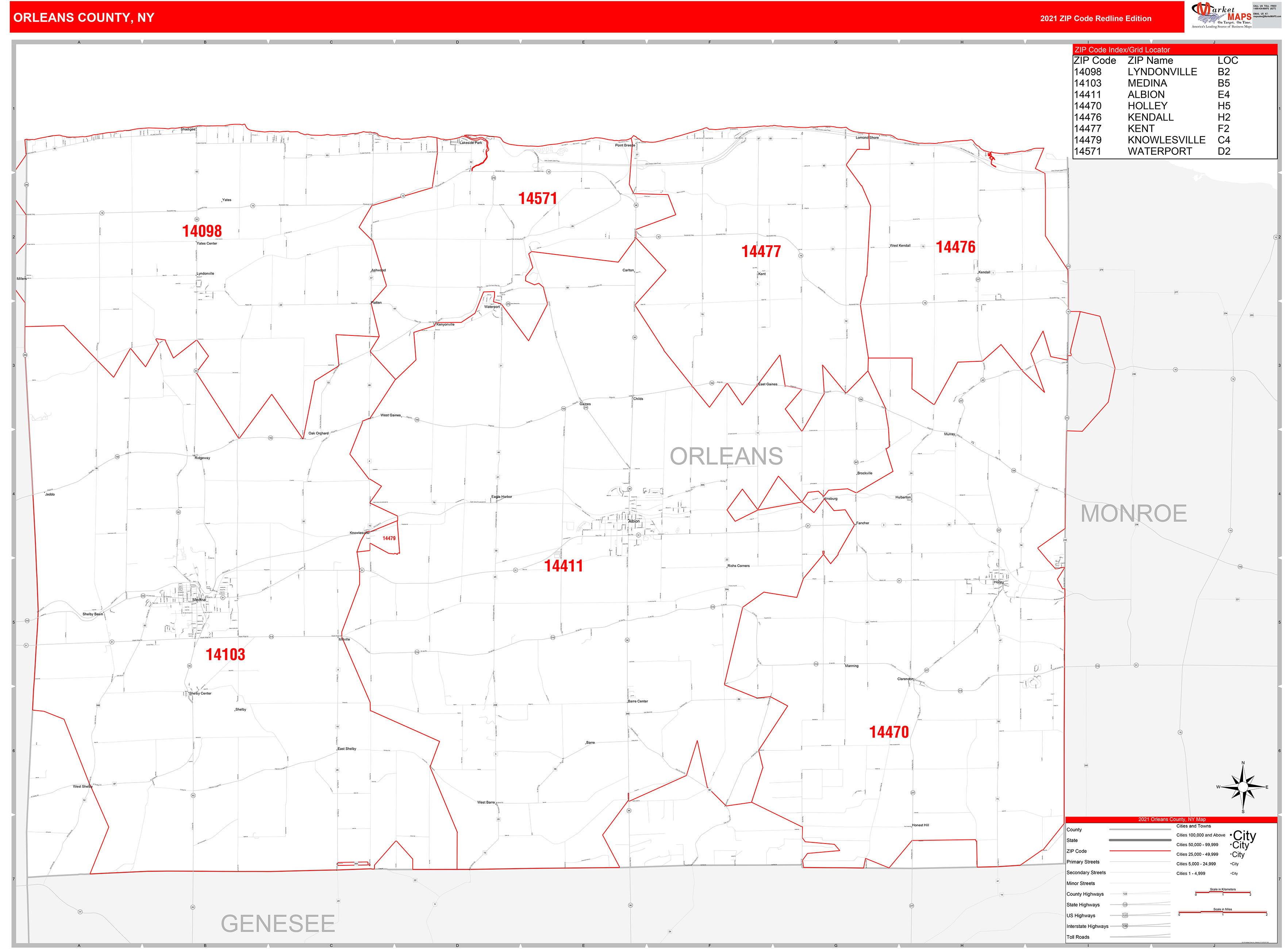 Orleans County, NY Zip Code Wall Map Red Line Style by MarketMAPS