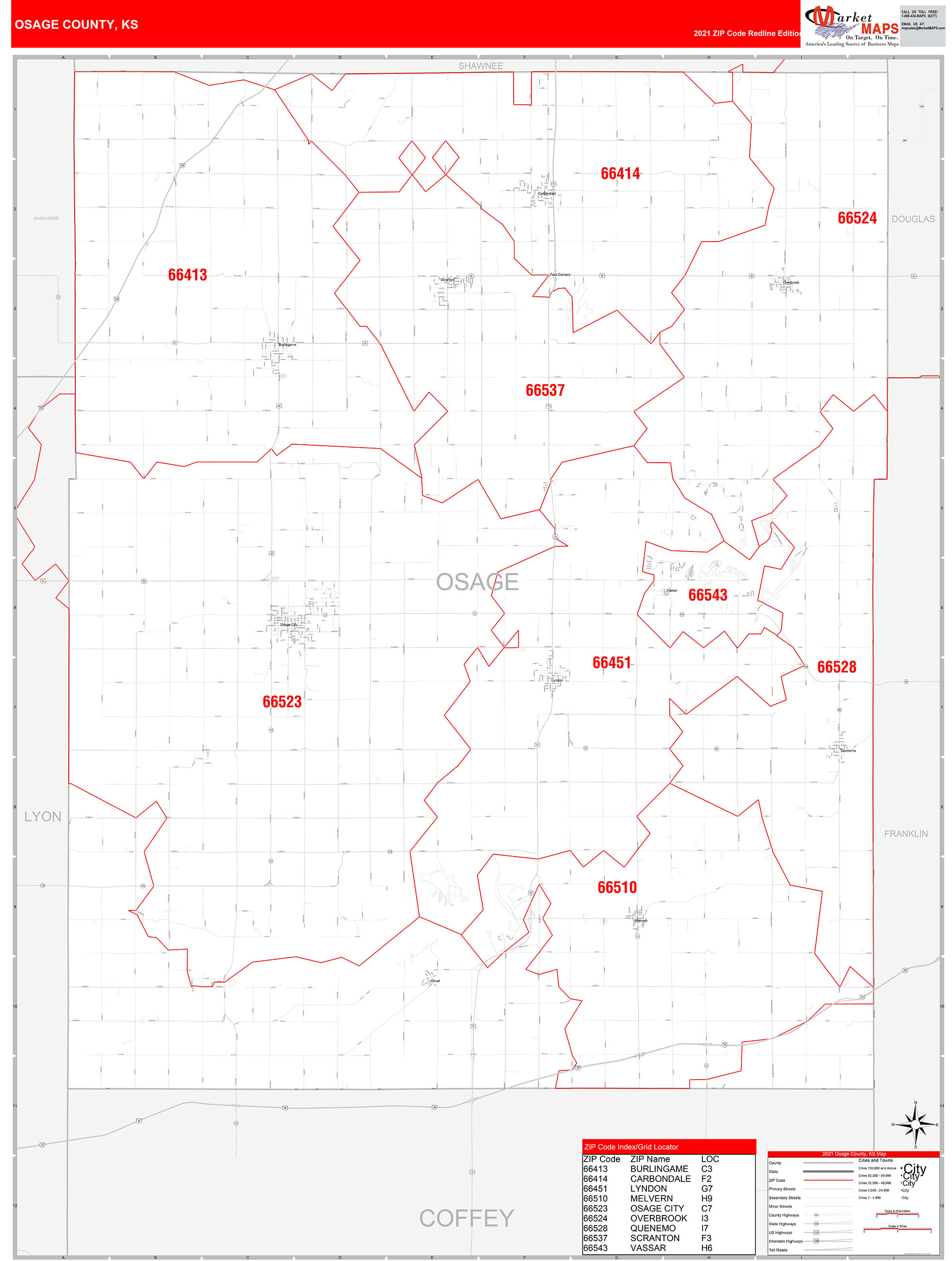Osage County, KS Zip Code Wall Map Red Line Style by MarketMAPS MapSales