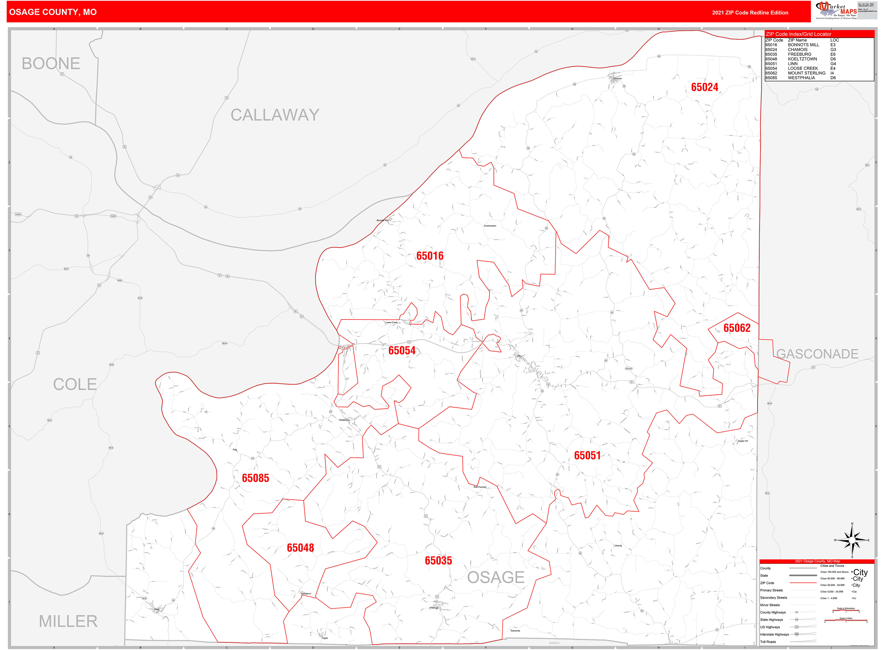 Osage County, MO Zip Code Wall Map Red Line Style by MarketMAPS MapSales