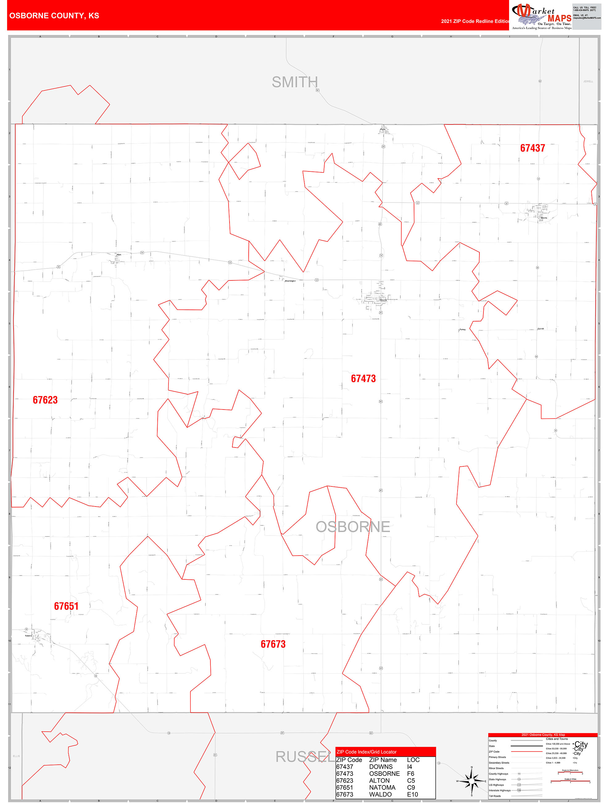 Osborne County, KS Zip Code Wall Map Red Line Style by MarketMAPS
