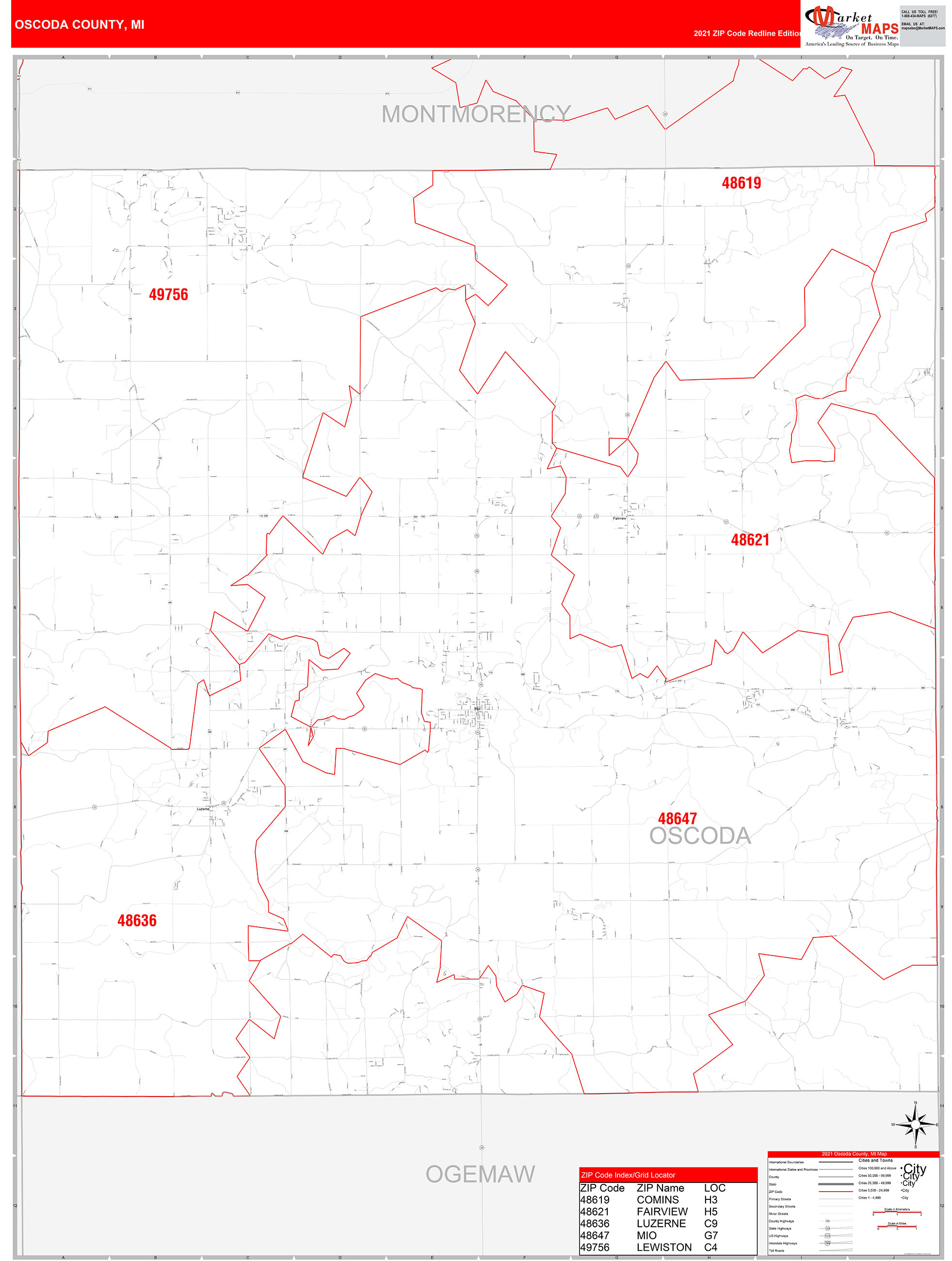 Oscoda County, MI Zip Code Wall Map Red Line Style by MarketMAPS