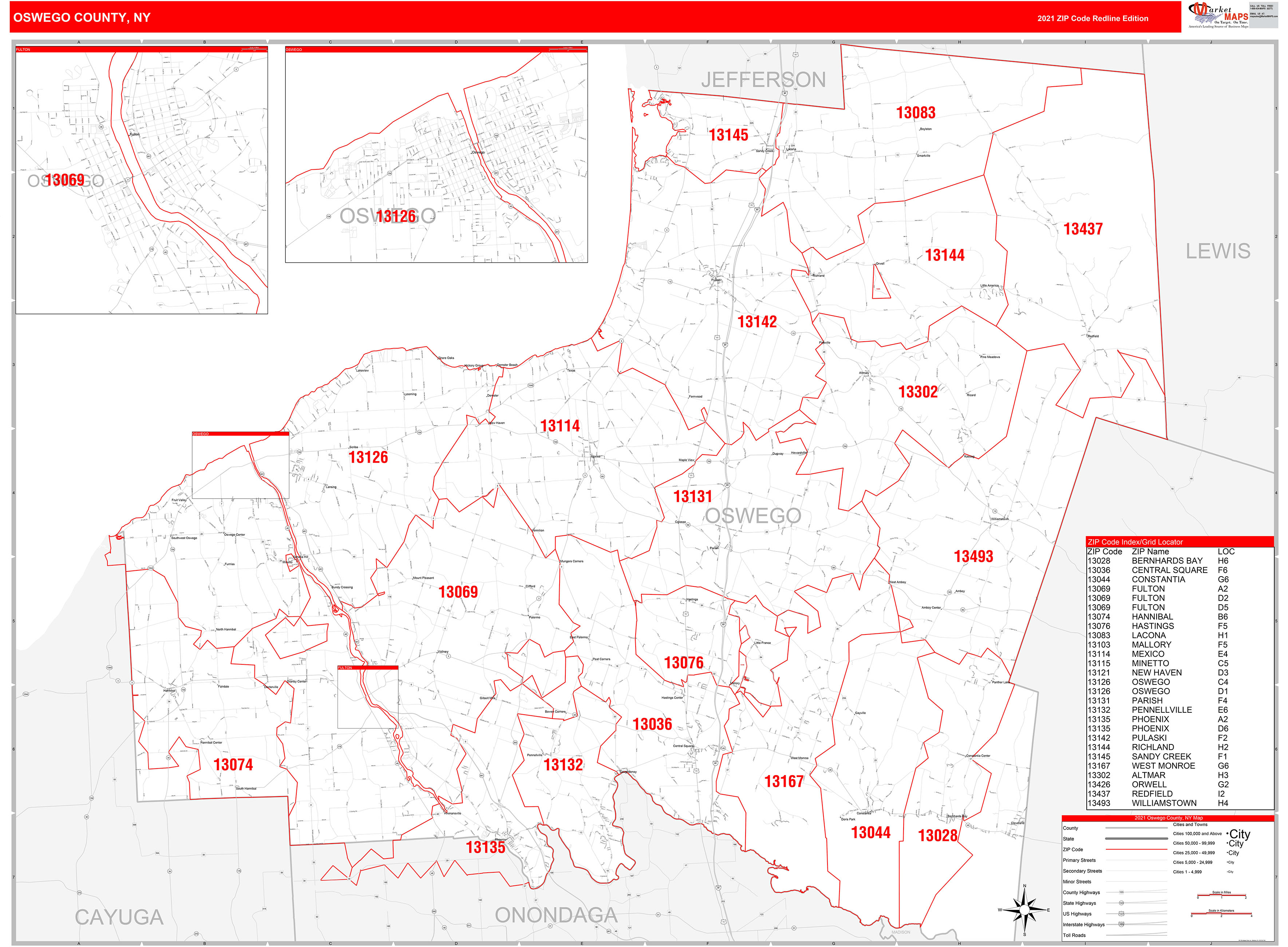 Oswego County, NY Zip Code Wall Map Red Line Style by MarketMAPS MapSales